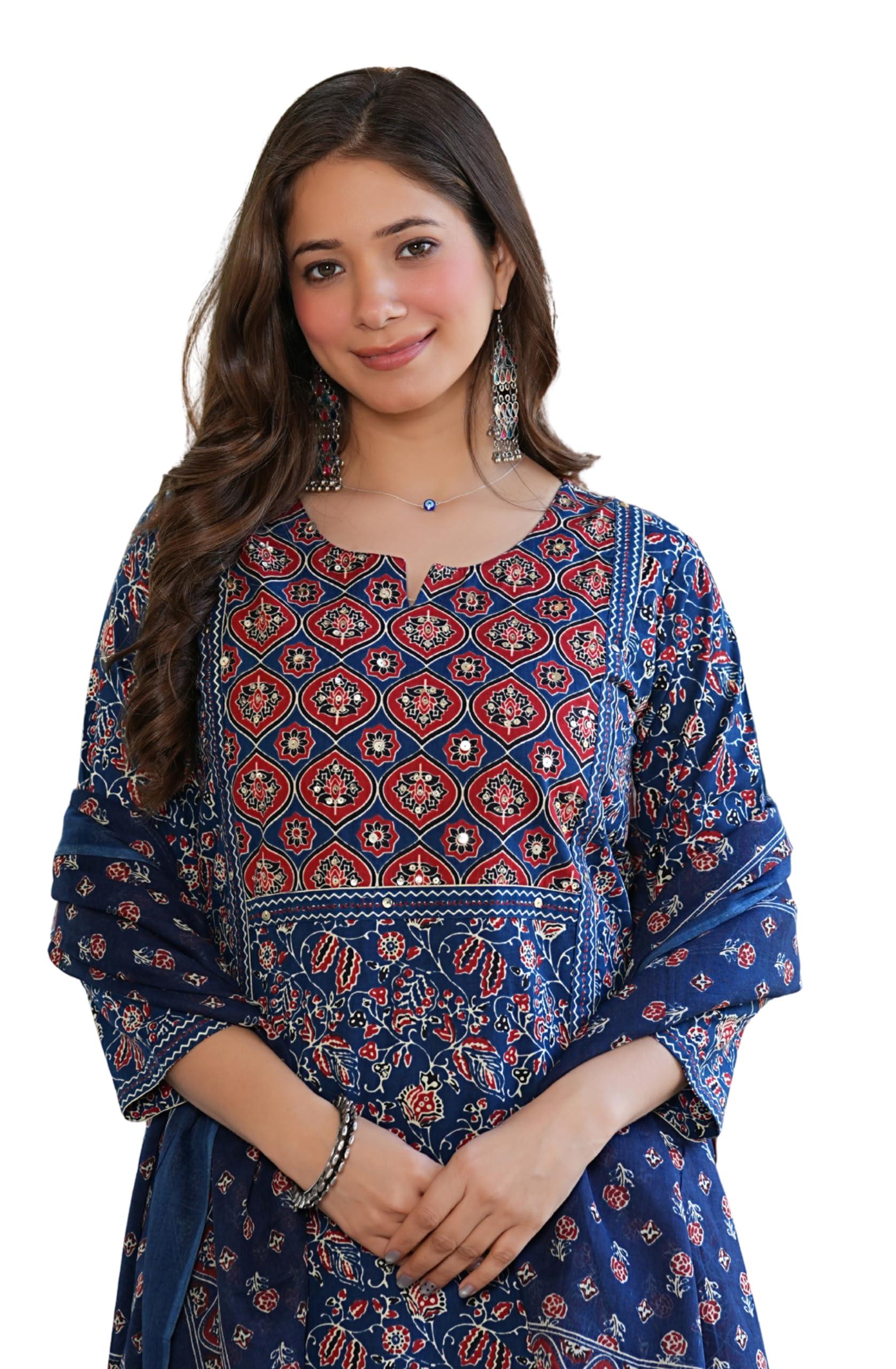 Amayra Women's Pure Cotton Printed Straight Kurta Set with Palazzo Pants & Dupatta|Ethnic wear|Kurti Suit Set for Women(TCK754-N,XL) Blue