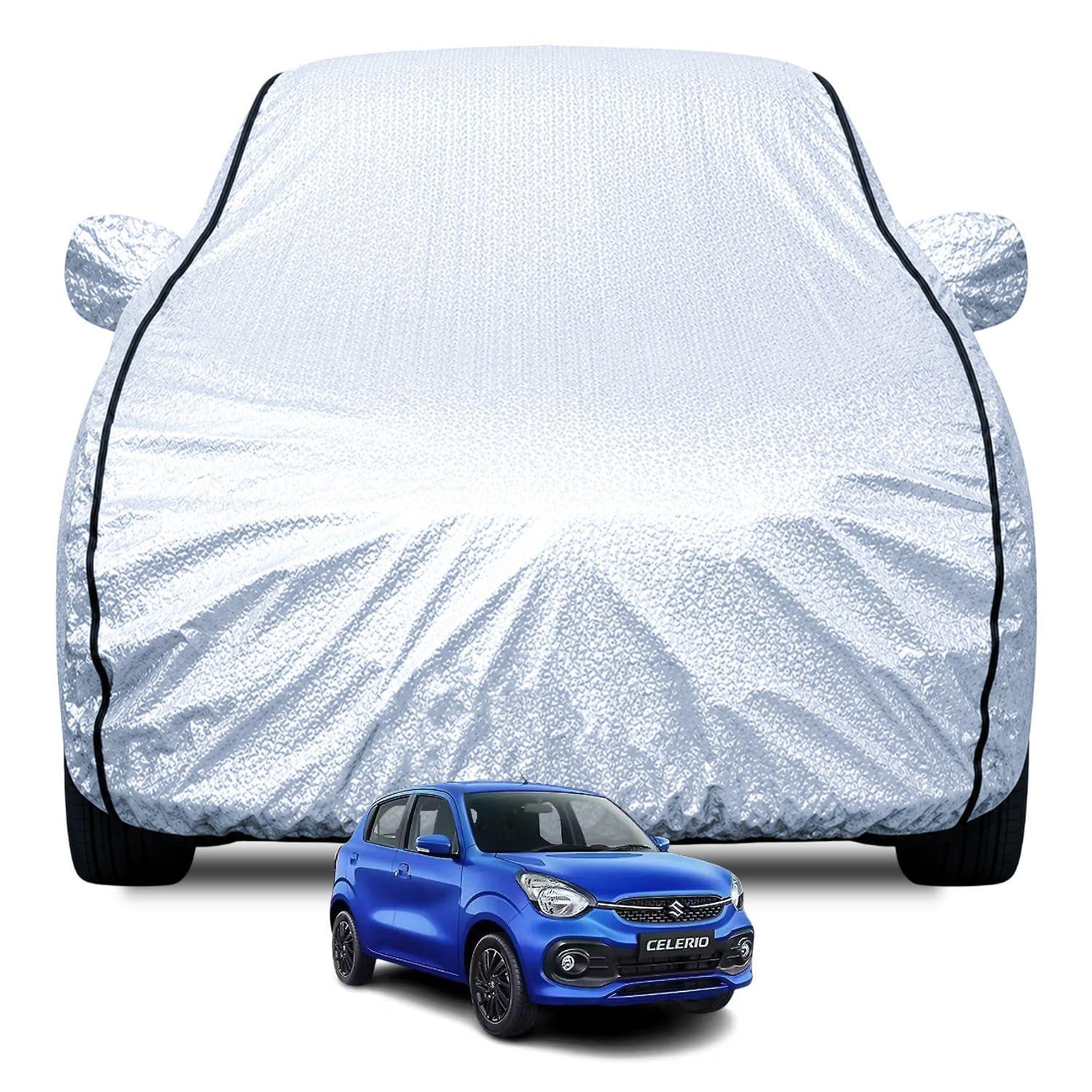 FABTEC Waterproof Car Body Cover for Maruti Celerio (2014-2021) with Mirror Pocket, Soft Cotton Lining, Triple Stitched (Heat Resistant Metallic Silver with Black Piping)