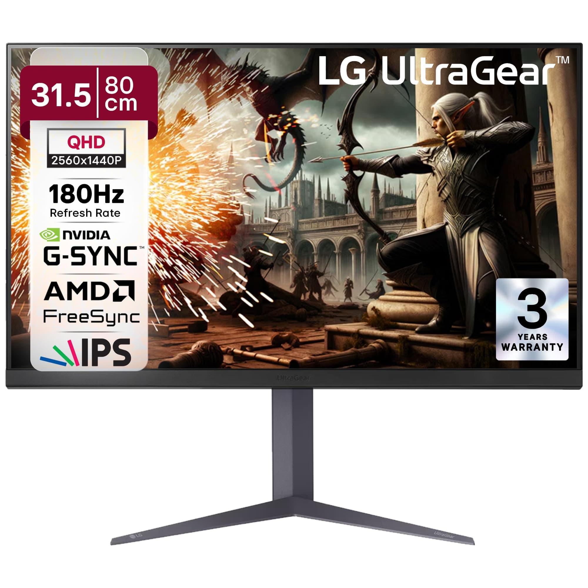 LG 32GS75Q 80cm (32 Inch) Ultragear QHD (2560x1440) IPS Gaming Monitor, 180Hz, 1ms, NVIDIA G-SYNC Compatible, AMD FreeSync, Anti-Glare, HDR10, DP, HDMI X 2, HP Out, Tilt/Height/Pivot Stand, Black