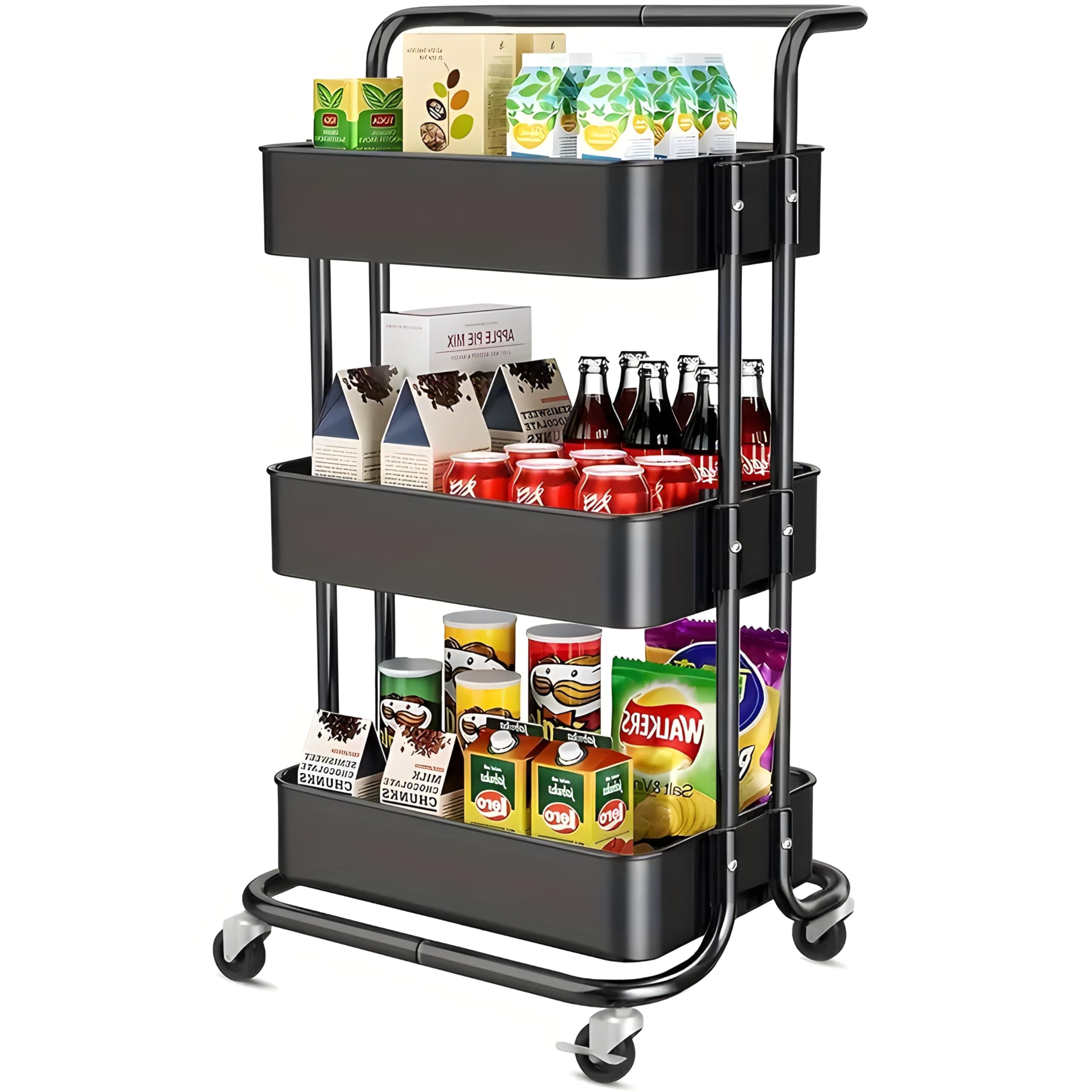 JIALTO Multipurpose Trolley with Wheels- Heavy Duty 3-Tier Utility Cart for Storage & Organization- Movable Rack for Home, Kitchen, Bathroom, Pantry- Durable Metal Frame with Lockable Wheels (Black)