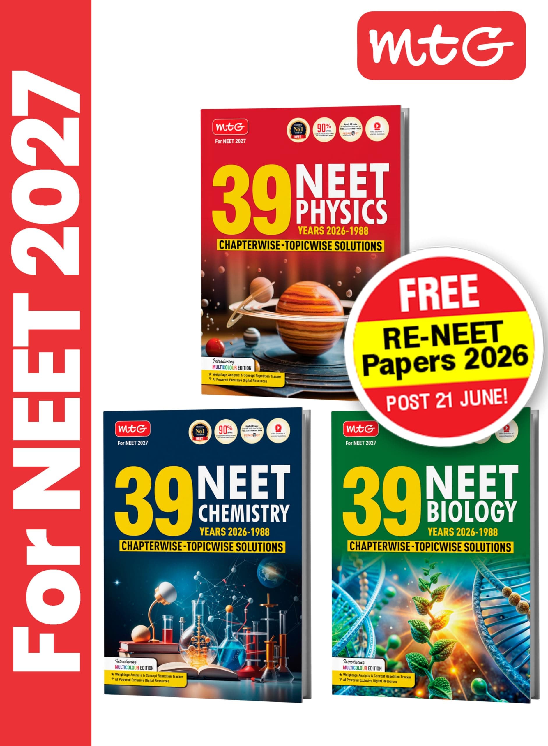 MTG NEET PYQ 39 Years Physics, Chemistry & Biology Book For 2026-2027 Exam (Set of 3) | Chapterwise Topicwise Solved Question Papers | Free Video Solutions | AI Powered Digital Resource