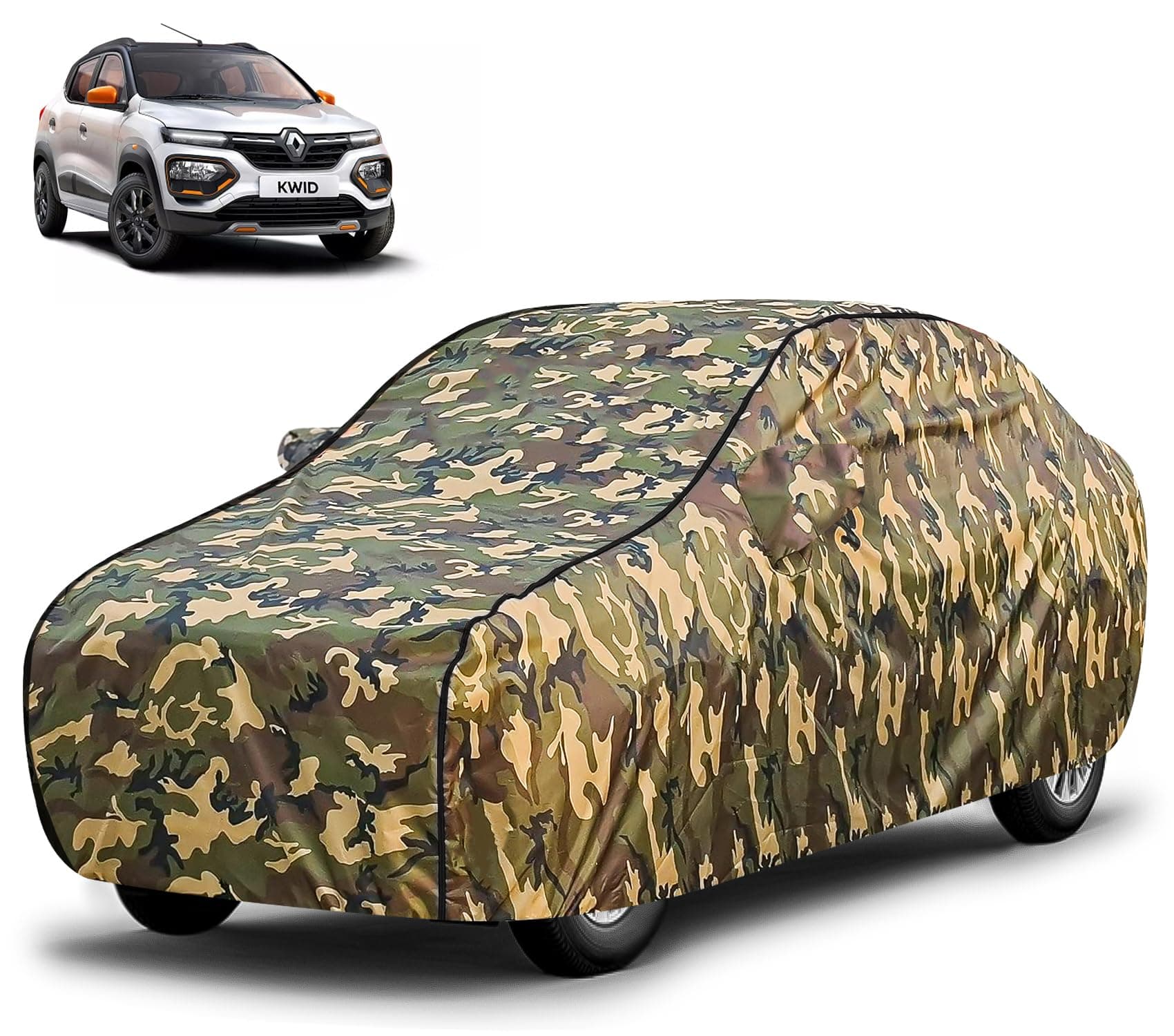 FABTEC Waterproof Car Body Cover for Renault Kwid with Mirror Pocket, Triple Stitched (Military, Jungle Print, Camouflage Design)