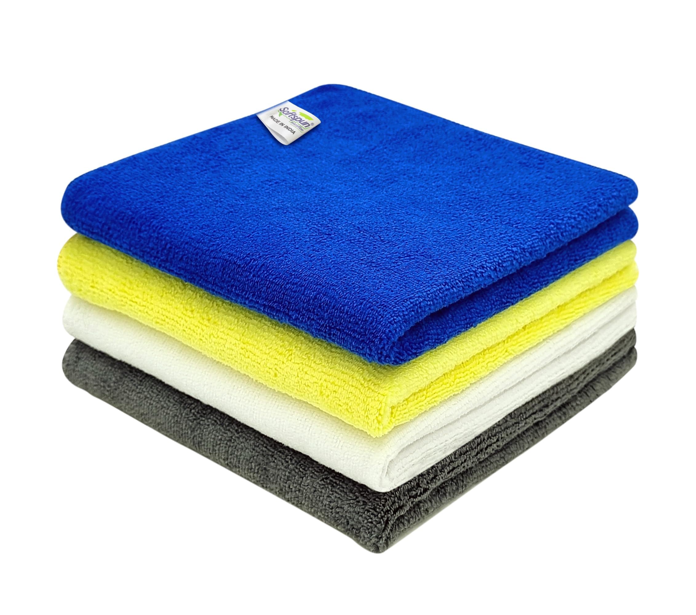 SOFTSPUN Microfiber Cloth - 4 pcs - 40x40 cms - 340 GSM Multicolor! Thick Lint & Streak-Free Multipurpose Cloths - Automotive Microfibre Towels for Car Bike Cleaning Polishing Washing & Detailing.