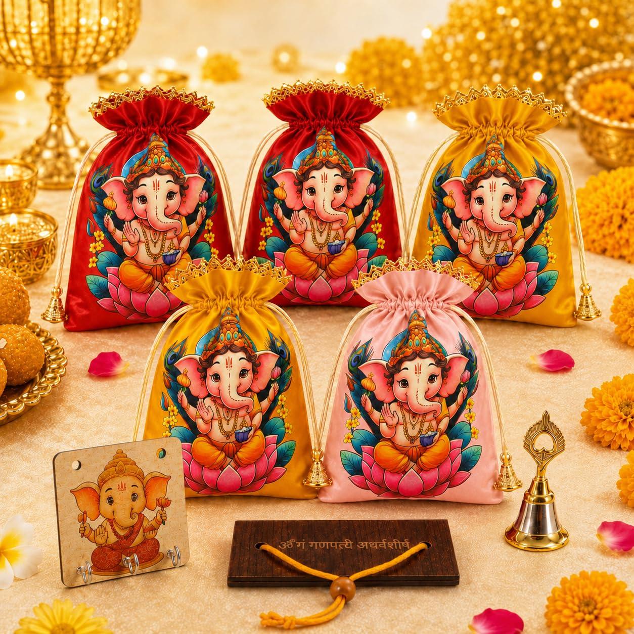 CraftVatika Ganpati Return Gifts for Ganesh Chaturthi Potli Bags Set of 5, Ganesha Decoration Items for Home Office, Ganesh Printed Satin Potli Bags, Ganeshji Potli Bag with Aarti Book Pooja Bell