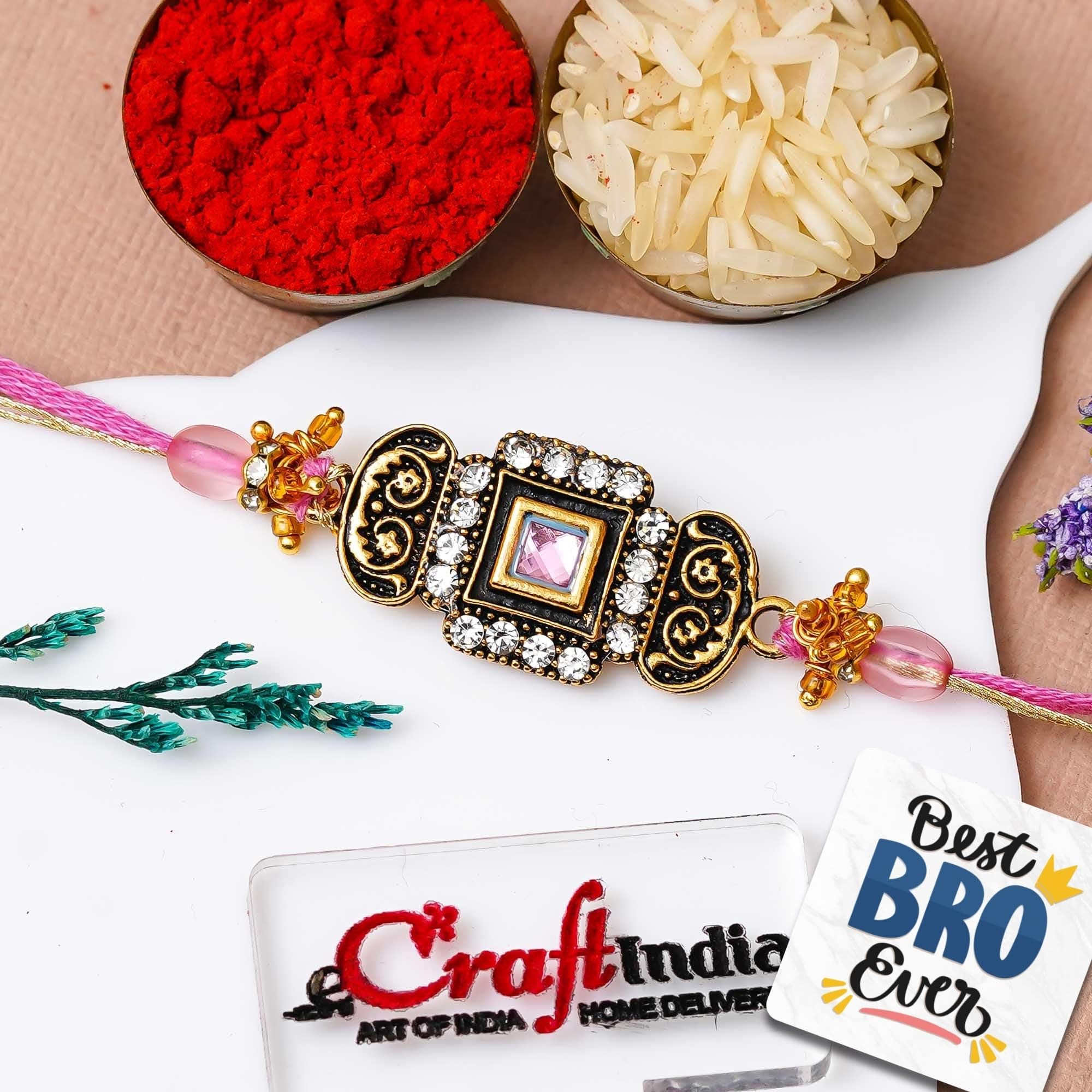 eCraftIndia Golden Pink Designer Fancy Rakhi for Brother With Gift Combo Set | Single Raksha Bandhan Rakhi for Bhai Bhaiya | Best Bro Ever Fridge Magnet | Roli Chawal Pack