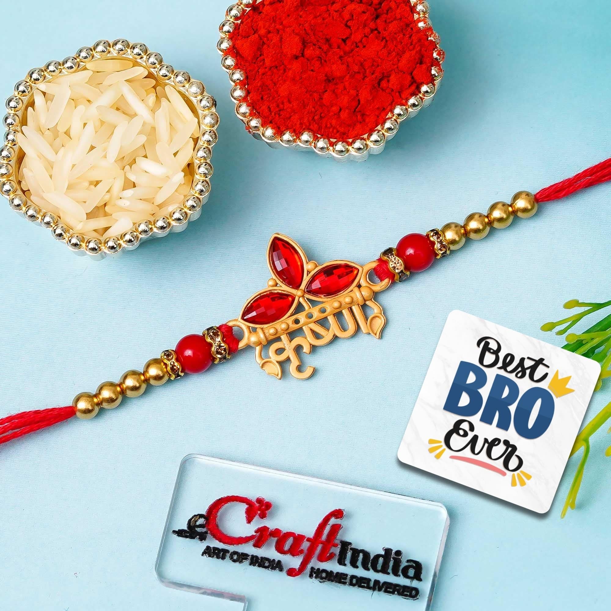 eCraftIndia Krishna Kundan Beads Designer Rakhi for Brother with Gift Combo Set | Raksha Bandhan Rakhi for Bhai Bhaiya | Best Bro Ever Fridge Magnet | Roli Chawal Pack