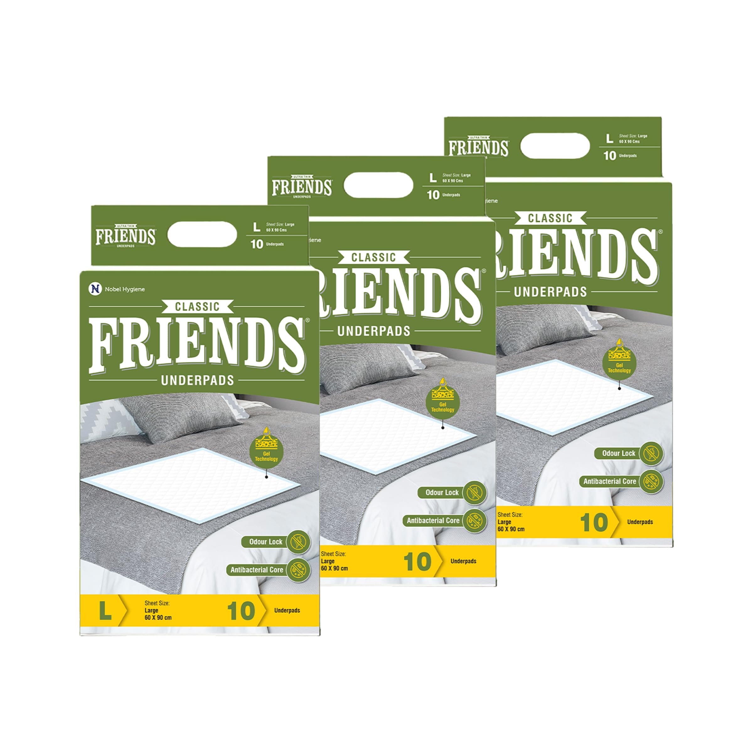 Friends Classic Large Disposable Underpads for Adults (60x90 cm) | 30 Count | Highly Absorbent | Unisex | Rash Protection | Converts Liquids to Gel | Cottony Soft | Anti-Bacterial & Leak-Proof