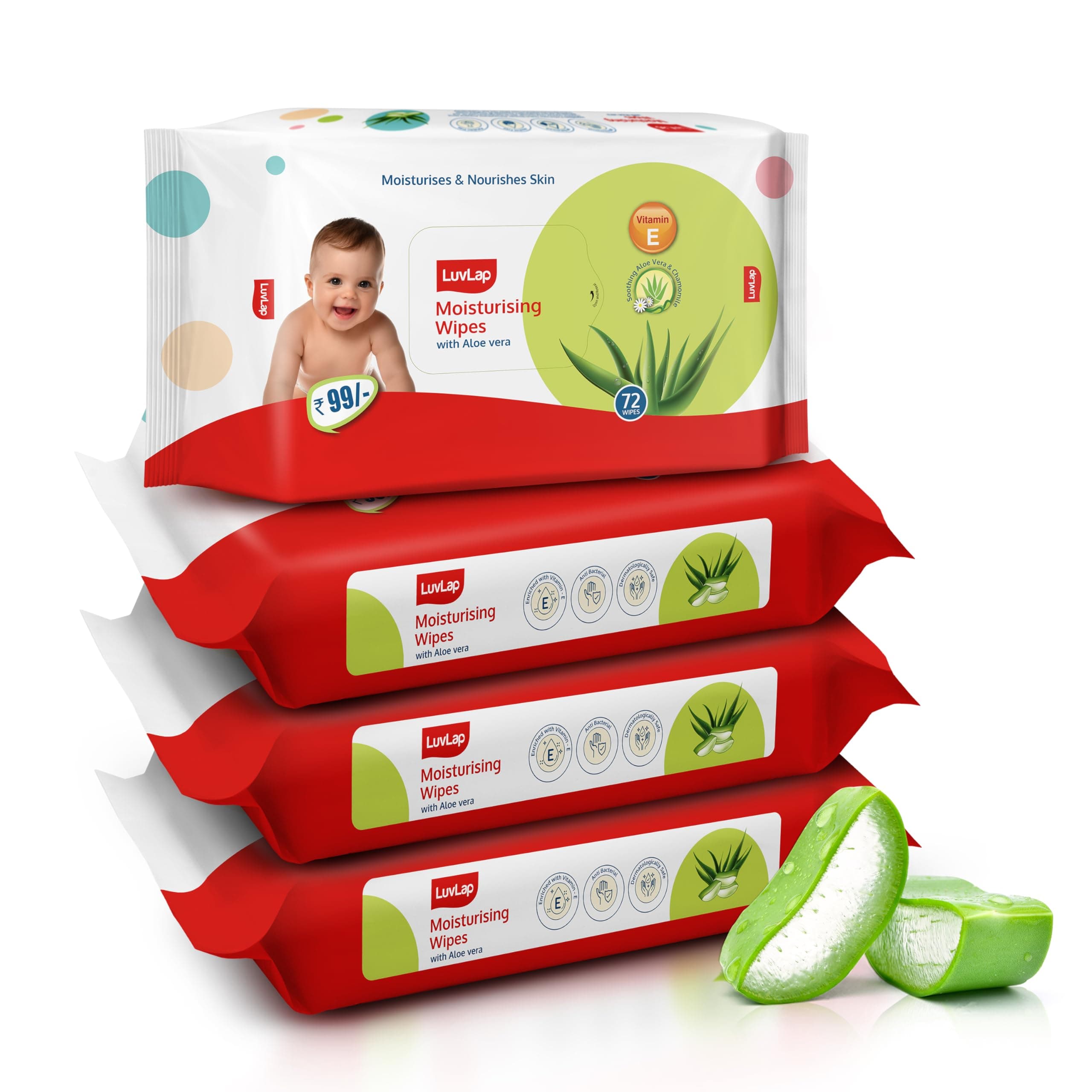 LuvLap Moisturising Wet Wipes Without Lid for Baby Skin, Enriched with Aloe Vera, Vitamin E & Chamomile Extract, pH Balanced, Dermatologically Safe, Paraben & Sulphate Free, 72 Wipes, Pack of 4