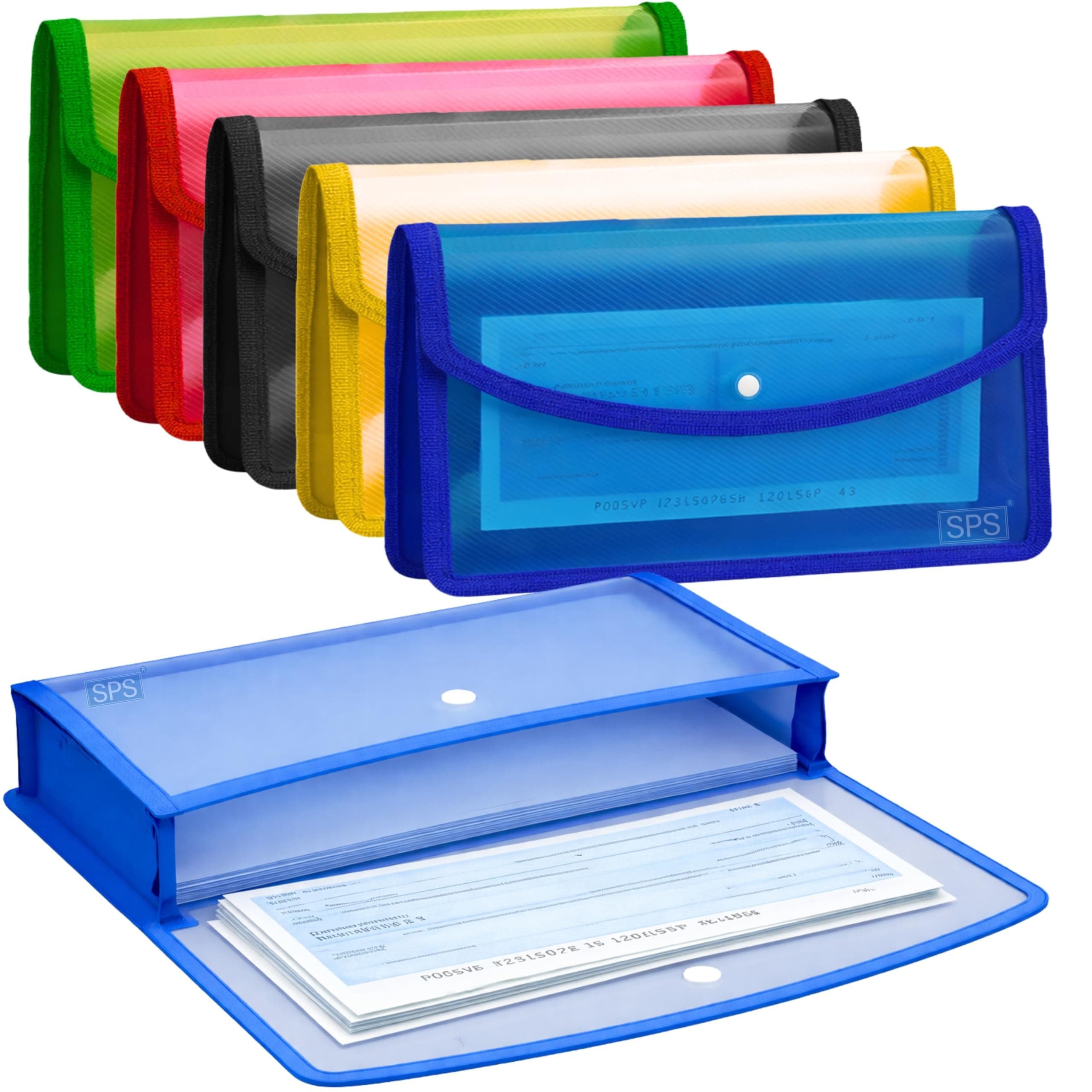 SPS Cheque Folder, Transparent Poly-Plastic Cheque Documents File Storage Bag with Snap Button Set of 5/Cheque Size File Folder