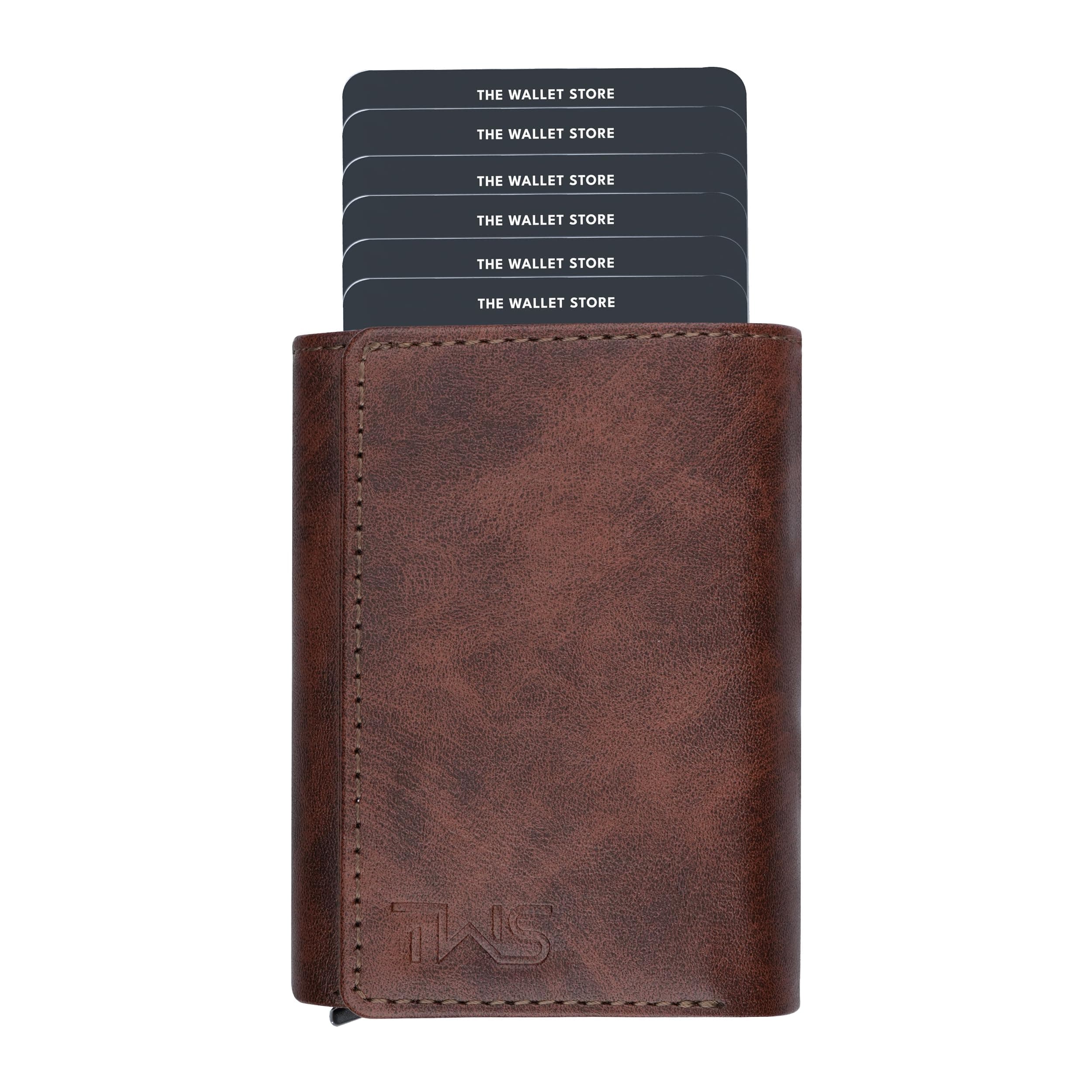 The Wallet Store Maverick RFID Protected Vegan Leather Wallet Cardholder | Pop-up Cardholder | Scan Proof Wallets for Men | Aluminium Case | Up to 8 Cards | Credit & Debit Cardholder (Brown)