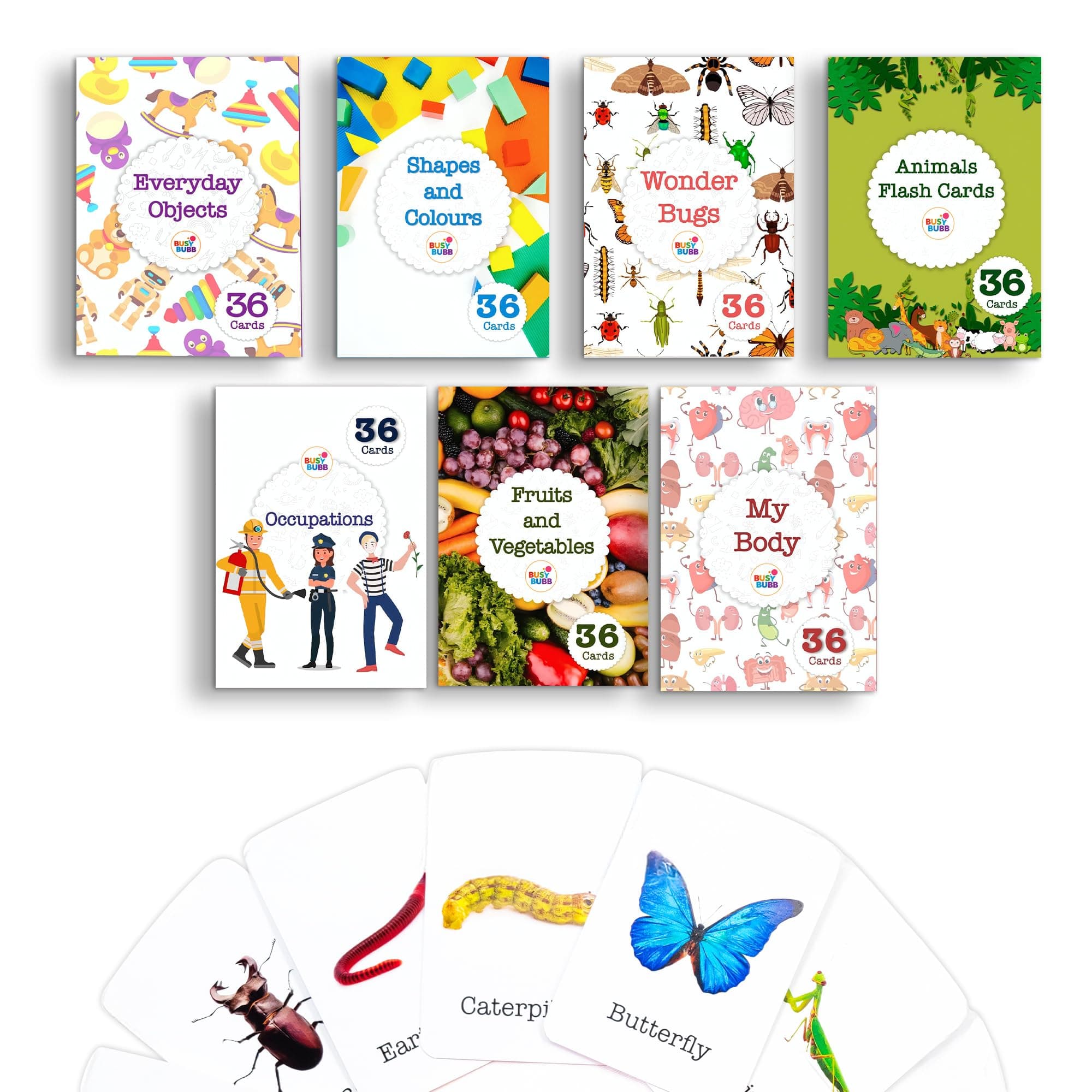 Busy Bubb - Set of 7 Concepts Flash Cards | Learn with Fun | Montessori Education Toys | Age Group: 1-8 Years | Water Resistant & Non-Tearable Cards