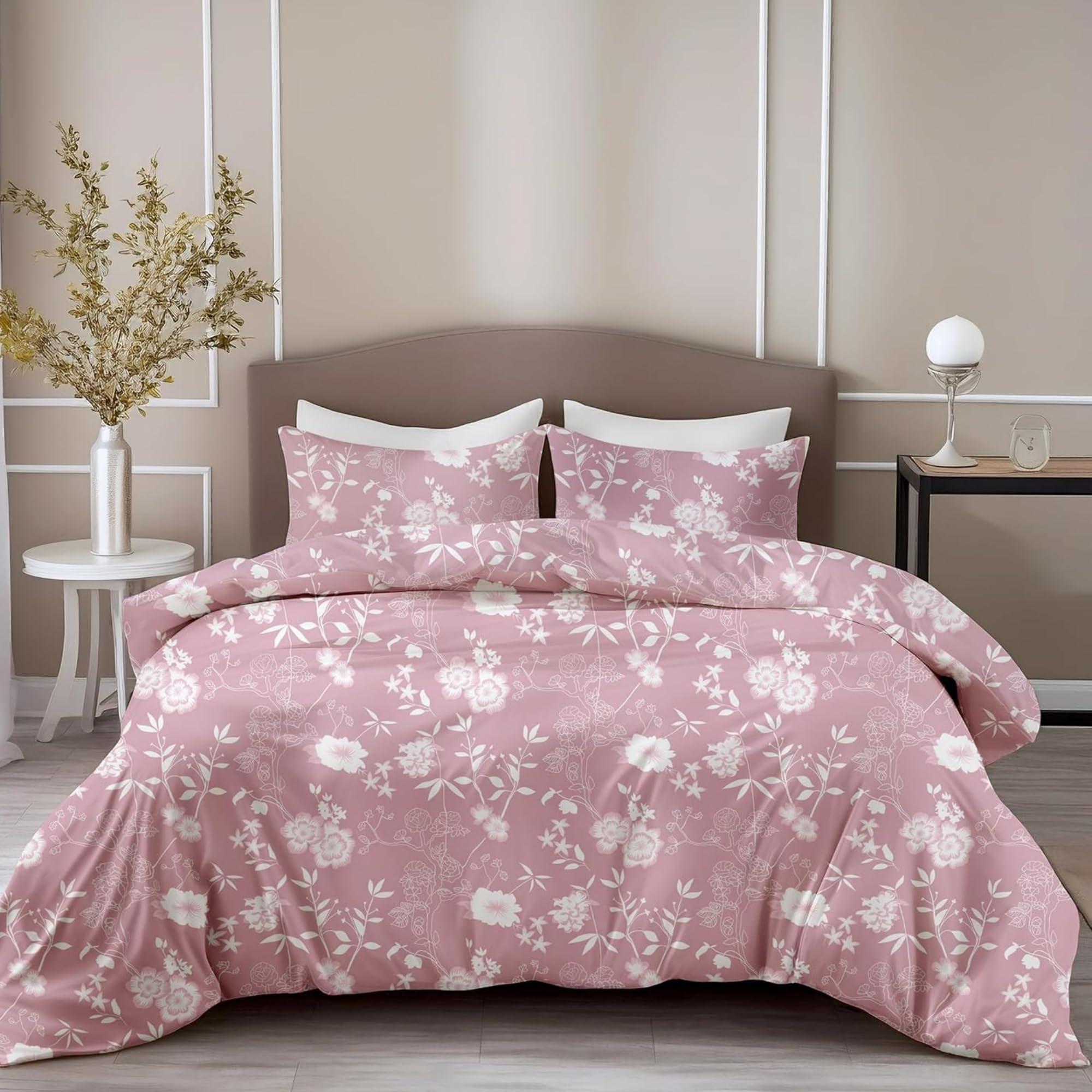 LORETO - A QUALITY LINEN BRAND 100% Pure Cotton Bedsheet for Double Bed, 144TC Soft & Breathable Double Bed Bedsheet with 2 Pillow Covers (Blush Pink Vine Blooms, 88 x 90 Inches)