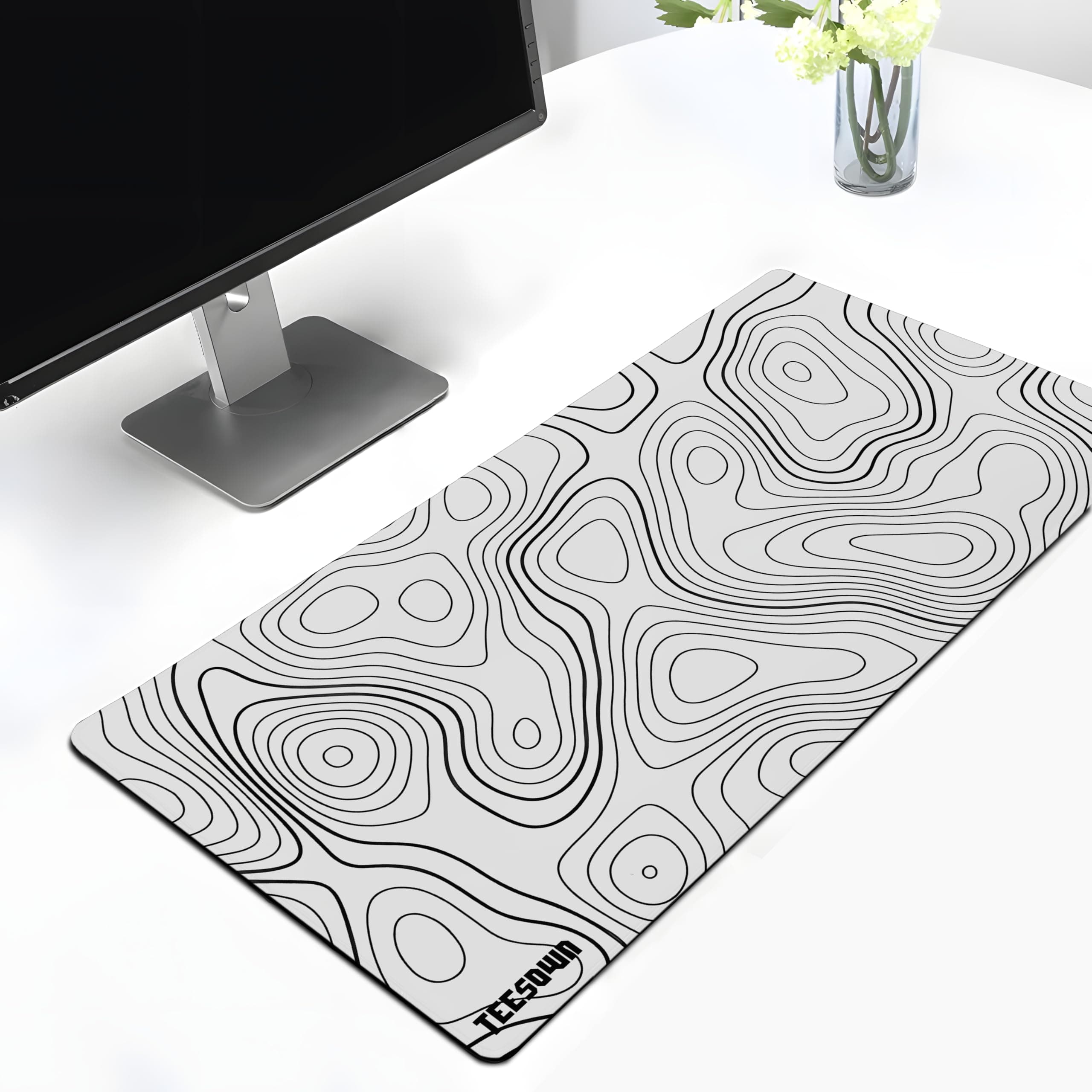 TEESOWN White Topographical Extended Mouse Pad (11x23) for Laptop Desktop PC and Gaming Desk Mat Rubber Base Desk Pad