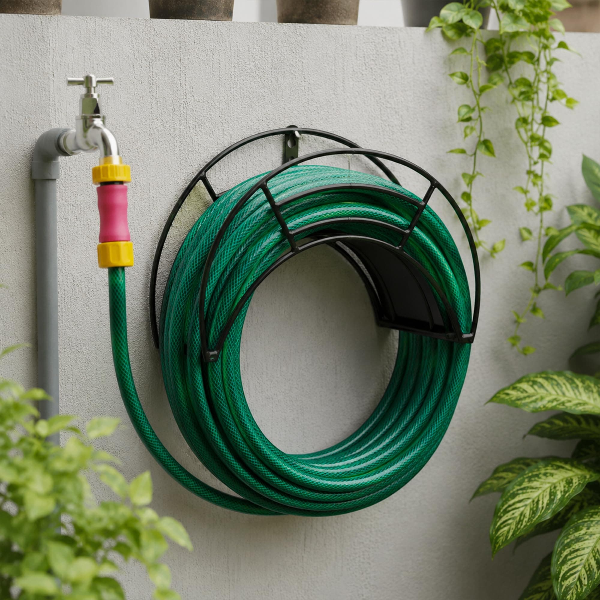 Urban Plant Wall Mount Garden Hose Hanger | Heavy-Duty Watering Hose Reel Holder for Garden, Outdoor, and Garage | Durable Metal Storage Hook for Hose Organization (Black)