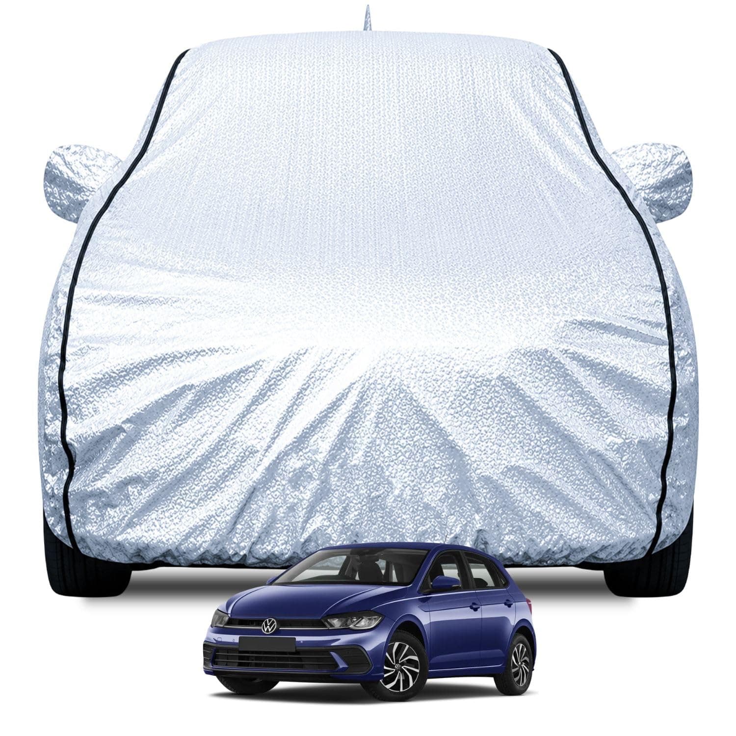 FABTEC Waterproof Car Body Cover for Volkswagen Polo with Mirror and Antenna Pocket, Soft Cotton Lining, Triple Stitched (Heat Resistant Metallic Silver with Black Piping)