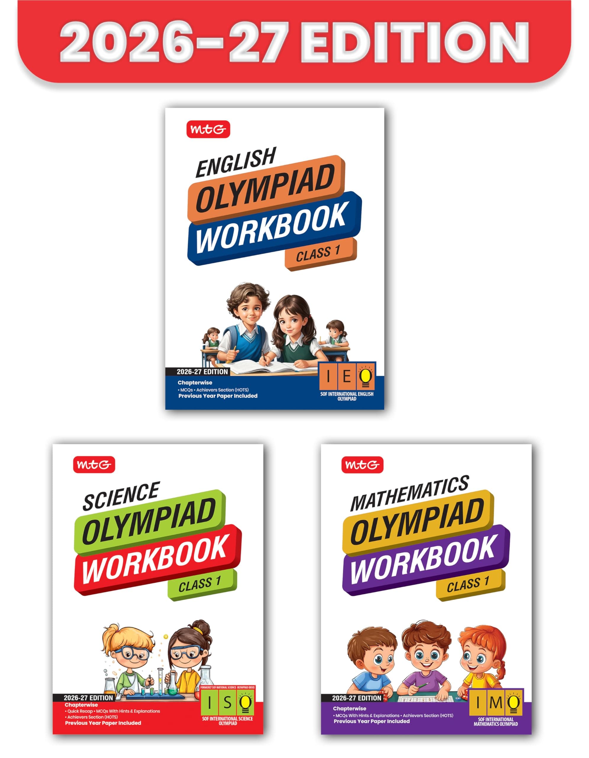 MTG ISO-IMO-IEO (Science, Mathematics & English) Olympiad Workbook Class 1 (Set of 3 Books) | MCQs, & Achievers Section - SOF Olympiad Books For 2026-27 Exam