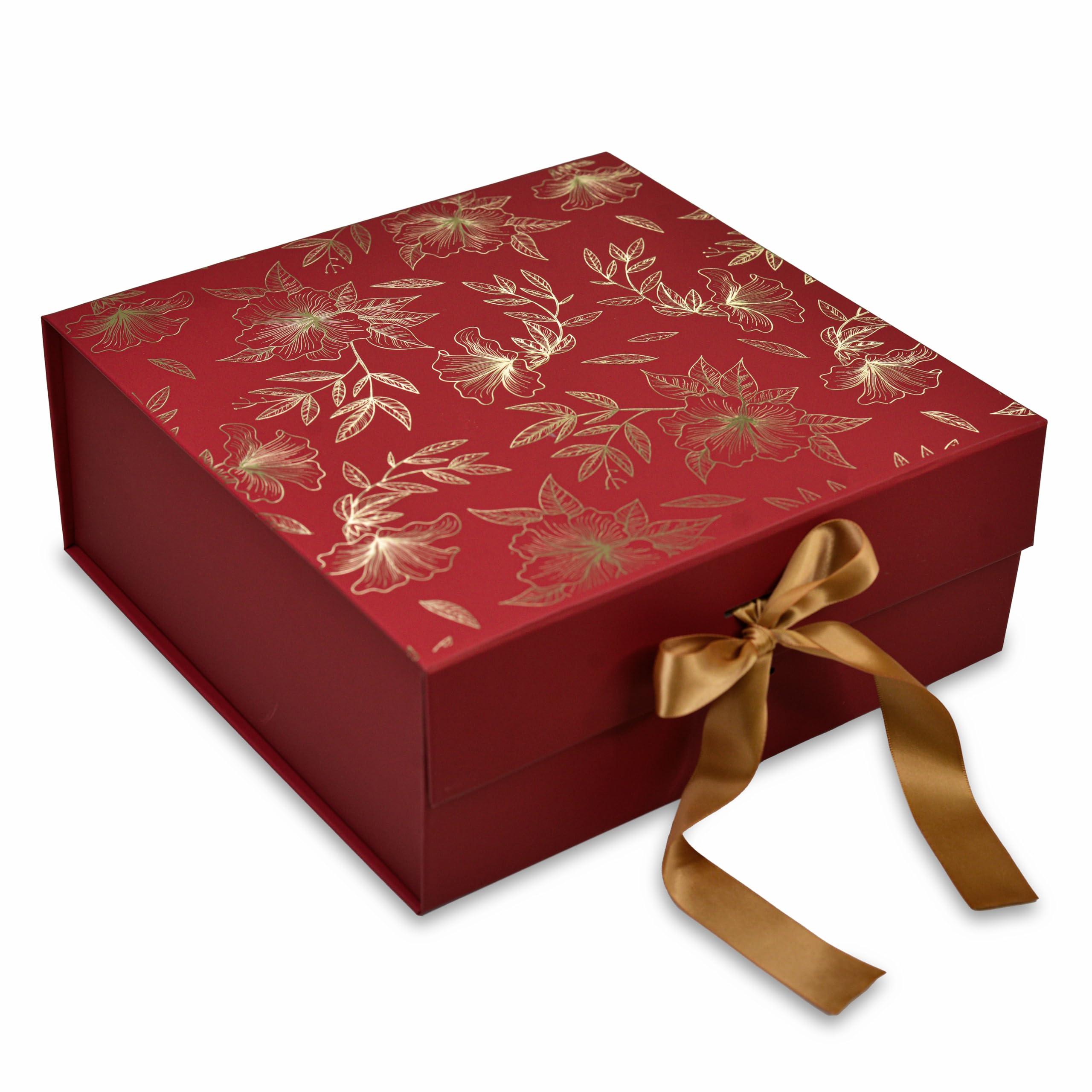RBS®-MEDIUM Red Gift Box for Packing 26 x 26 x 10 cm Decorative Gift Packaging Box with Floral Design (1 Pack) Holds Upto 8 kg Ideal for Valentine's Day Empty Gift Hampers (M-Dark Scarlet Gold Floral)