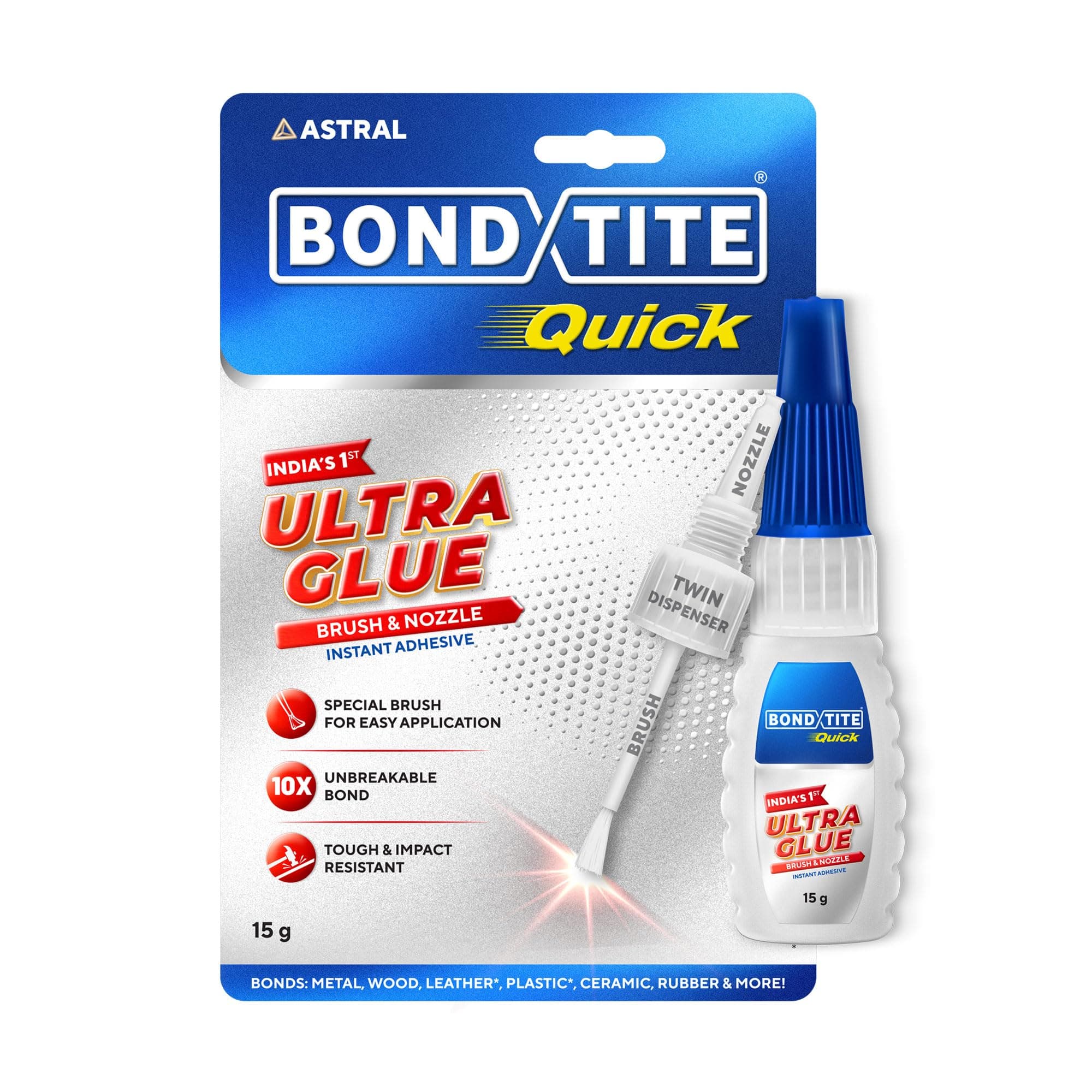 Bondtite Quick Ultra Glue Brush & Nozzle | 15g | Instant Adhesive | 10X Unbreakable Bond | Twin Dispensing | Special Brush Applicator to Ensure Full Coverage | Multi Material Strong Bonding | DIY