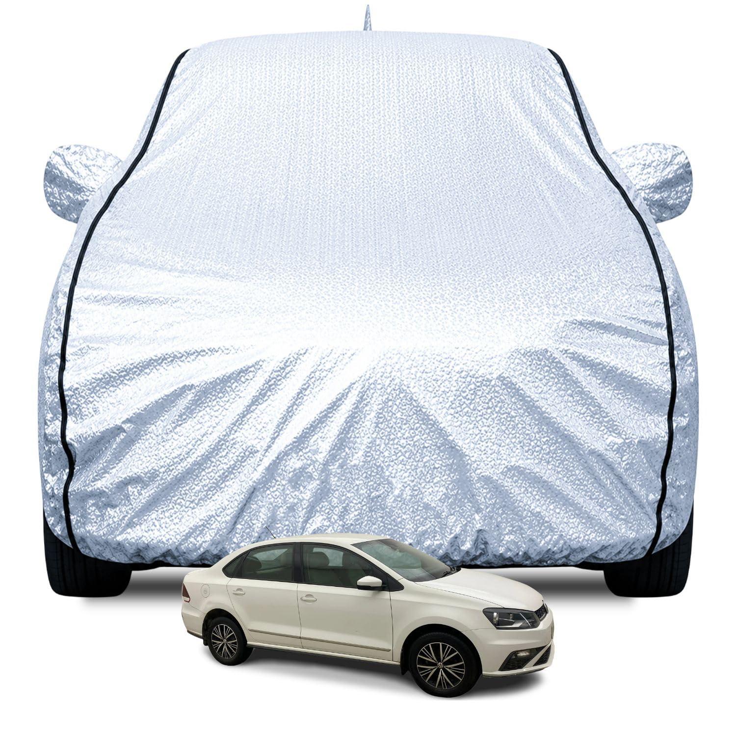FABTEC Waterproof Car Body Cover for Volkswagen Vento with Mirror and Antenna Pocket, Soft Cotton Lining, Triple Stitched (Heat Resistant Metallic Silver with Black Piping)