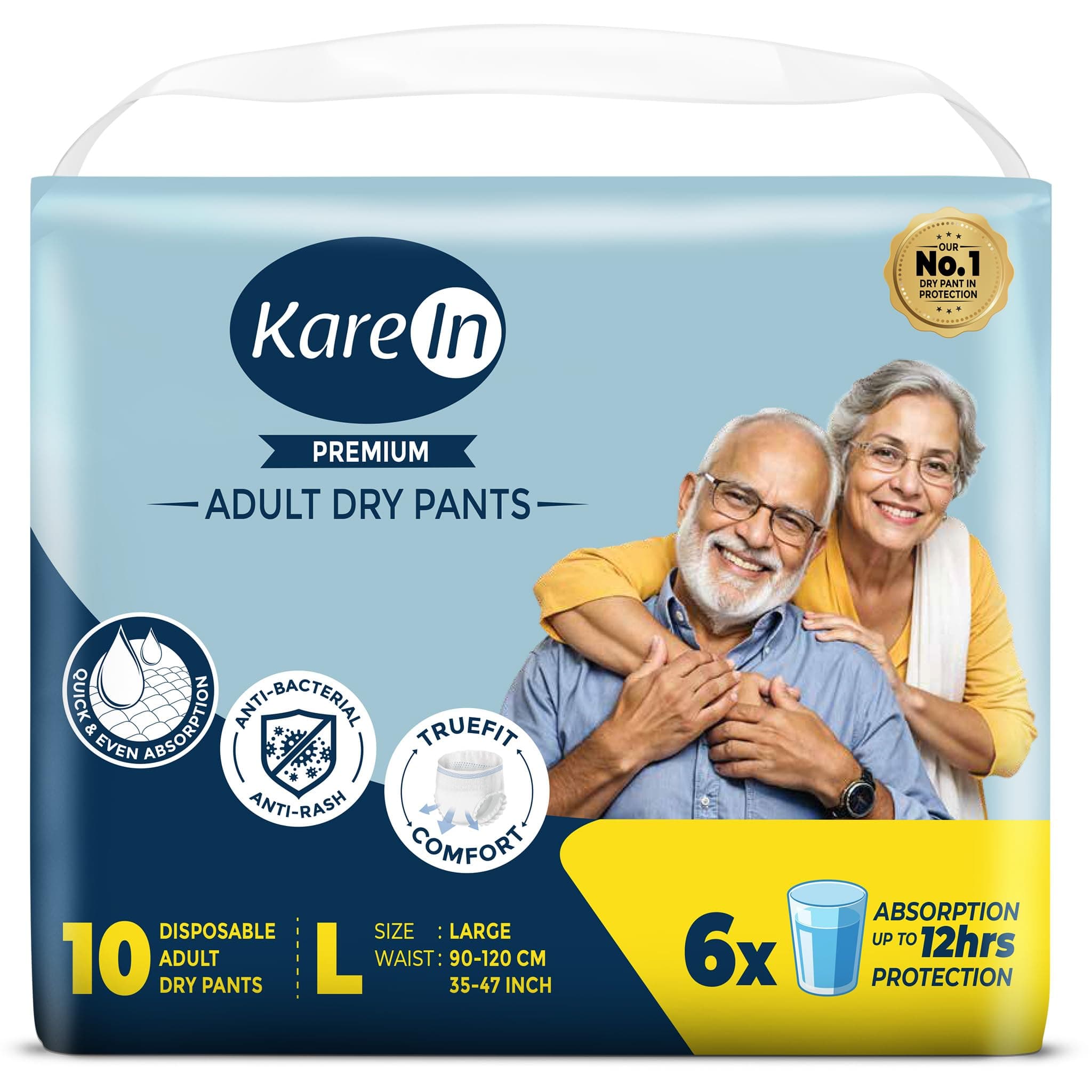 Karein Premium Adult Diaper Pant L Size, Large, Waist (90-120 cm 35"-47"), 10 Unit, Long Protection Hour, Unisex, Quick & Even Absorption, Anti-Bacterial, Leakproof, Odour Control, Wetness Indicator