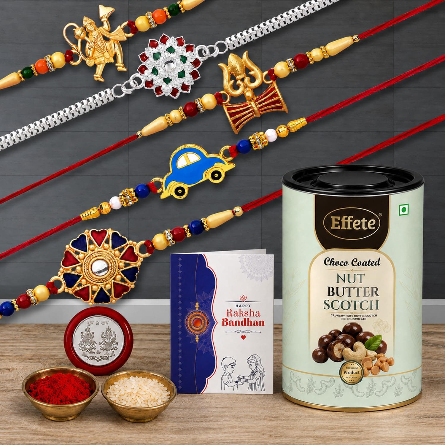 DeoDap Designer Rakhi Set of 5 for Brother – Hanuman Ji, Flower & Trishul Design with Nut Butterscotch Chocolate 96gm, Pooja Coin, Roli Chawal & Card | Rakhi with Chocolate Combo for Raksha Bandhan