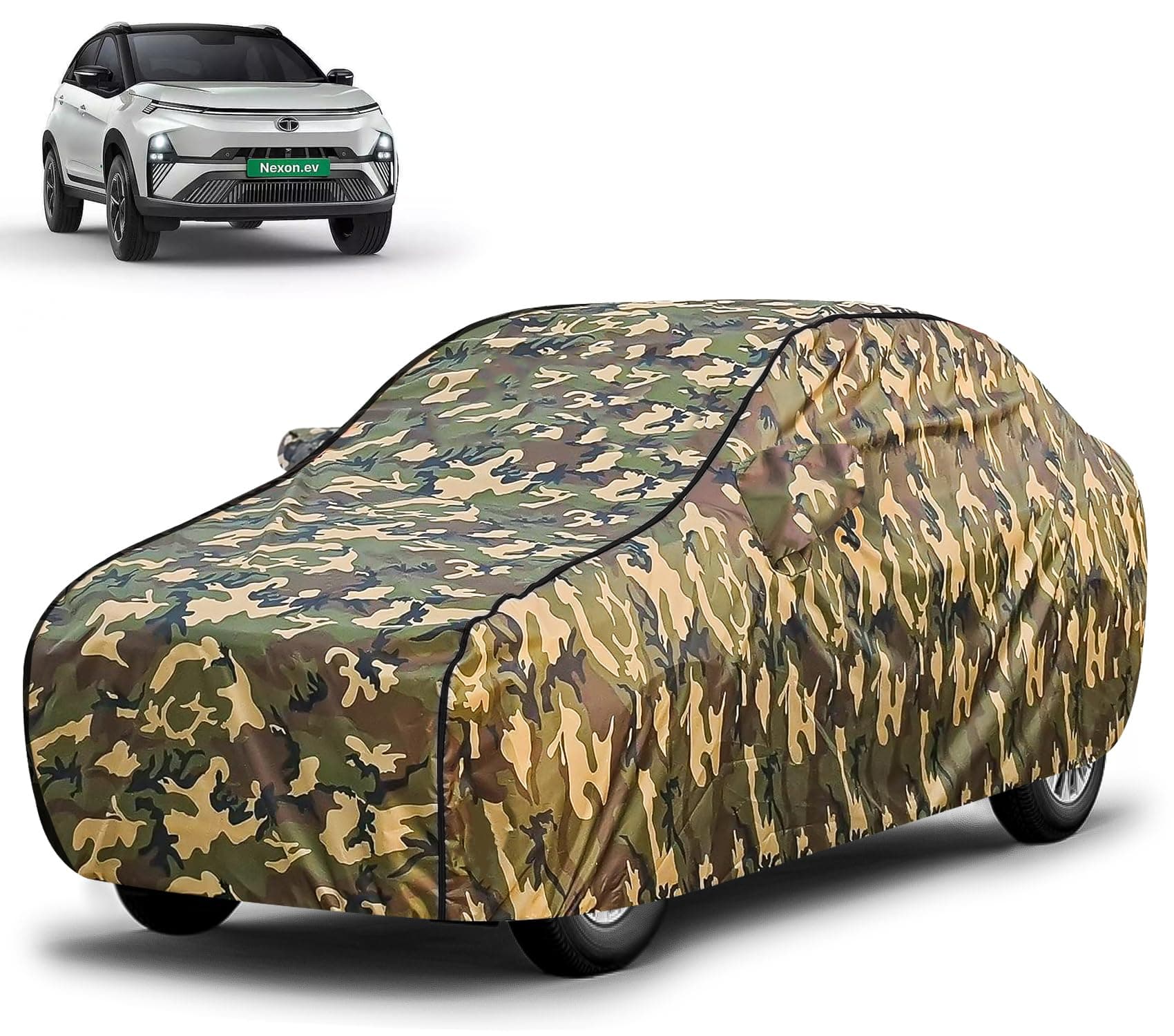 FABTEC Waterproof Car Body Cover for Tata Nexon EV with Mirror Pocket, Triple Stitched (Military, Jungle Print, Camouflage Design)