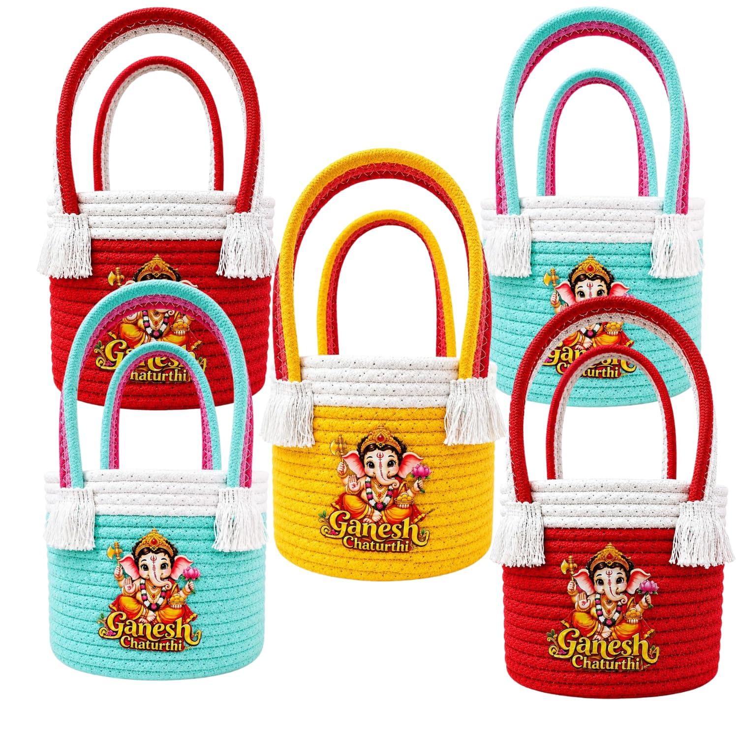 Ganpati Return Gift Bags with Handles | Ganesh Chaturthi Gift Bags | Lord Ganesha Printed Reusable Bags for Pooja, Festival & Return Gifts | Multicolour | Pack of 5