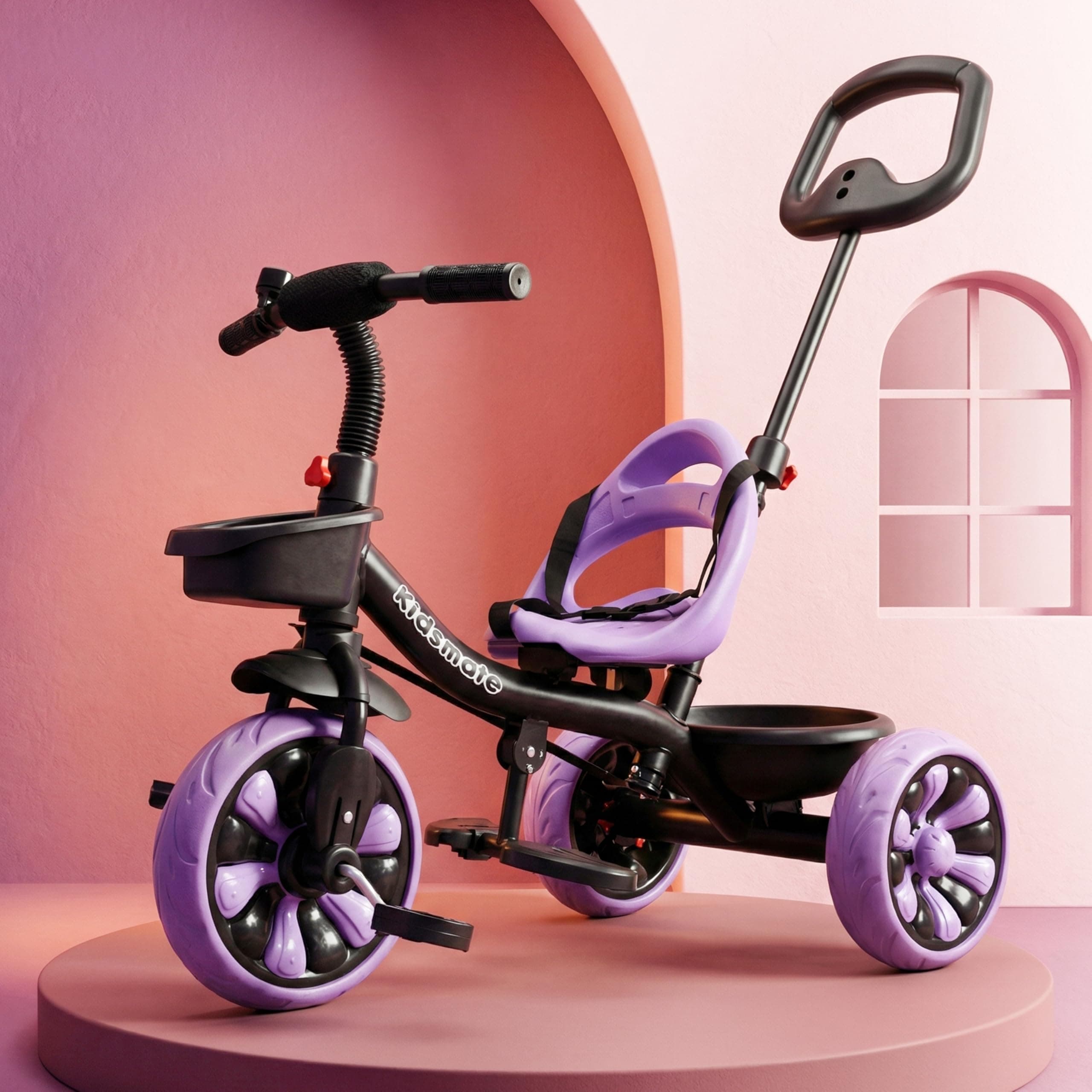 Kidsmate Junior Tricycle for Kids with Parental Control | Cycle for Kids 1-4 Years | Baby Cycle | Bicycle with Storage Basket, Cushion Seat and Seat Belt Carrying Capacity 30 Kgs (Purple)