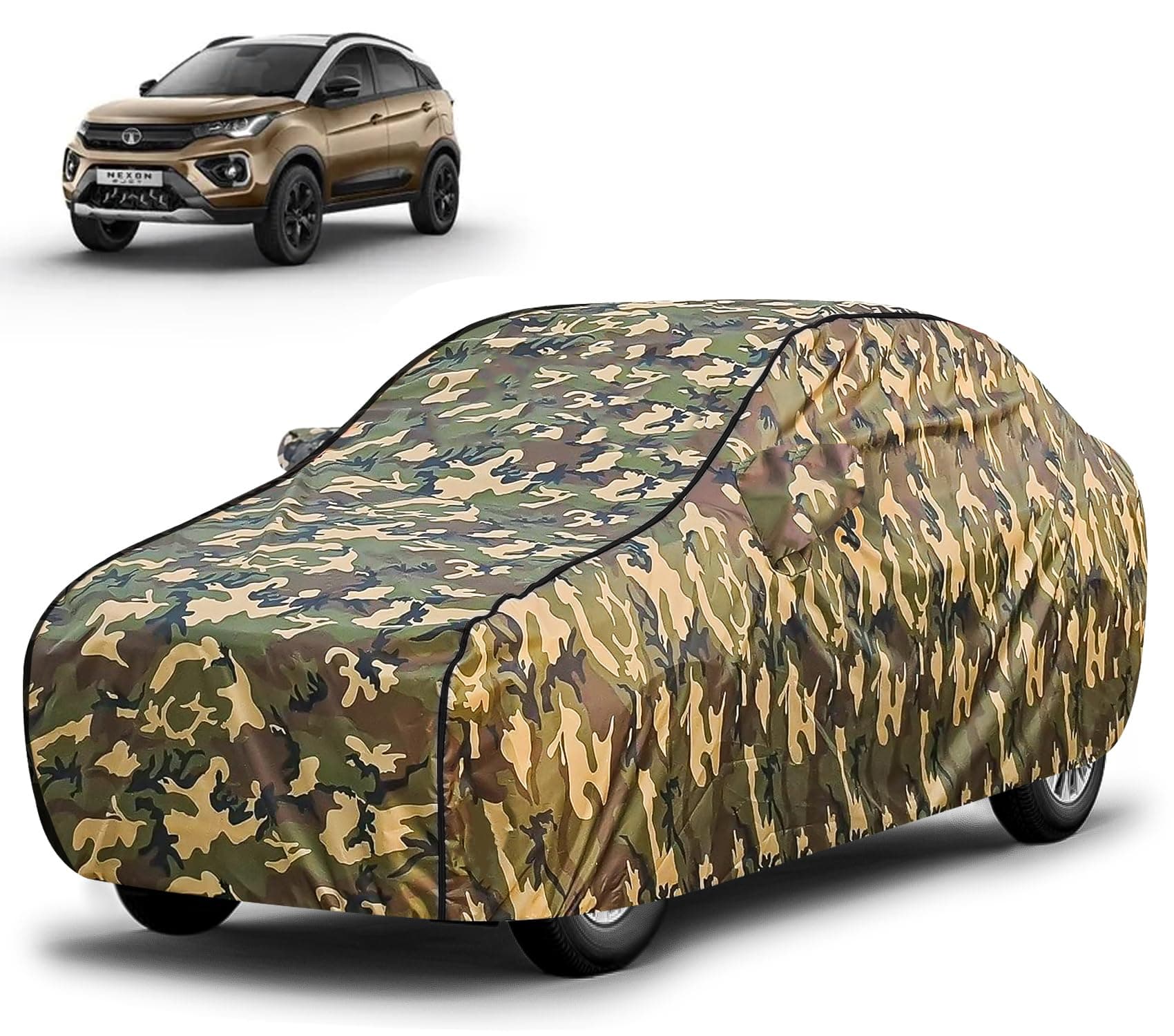 FABTEC Waterproof Car Body Cover for Tata Nexon with Mirror Pocket, Triple Stitched (Military, Jungle Print, Camouflage Design)