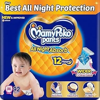 Mamypoko pants All night absorb| Pant Style Baby Diapers Medium Size(M), 92 Count, Ideal for 7-12Kgs|1 Diaper= Upto All night Absorption|Wider Crisscross Sheet|Gentle Coco Care| 12hr Leakage Protection| Prevents Heaviness (Pack of 2)