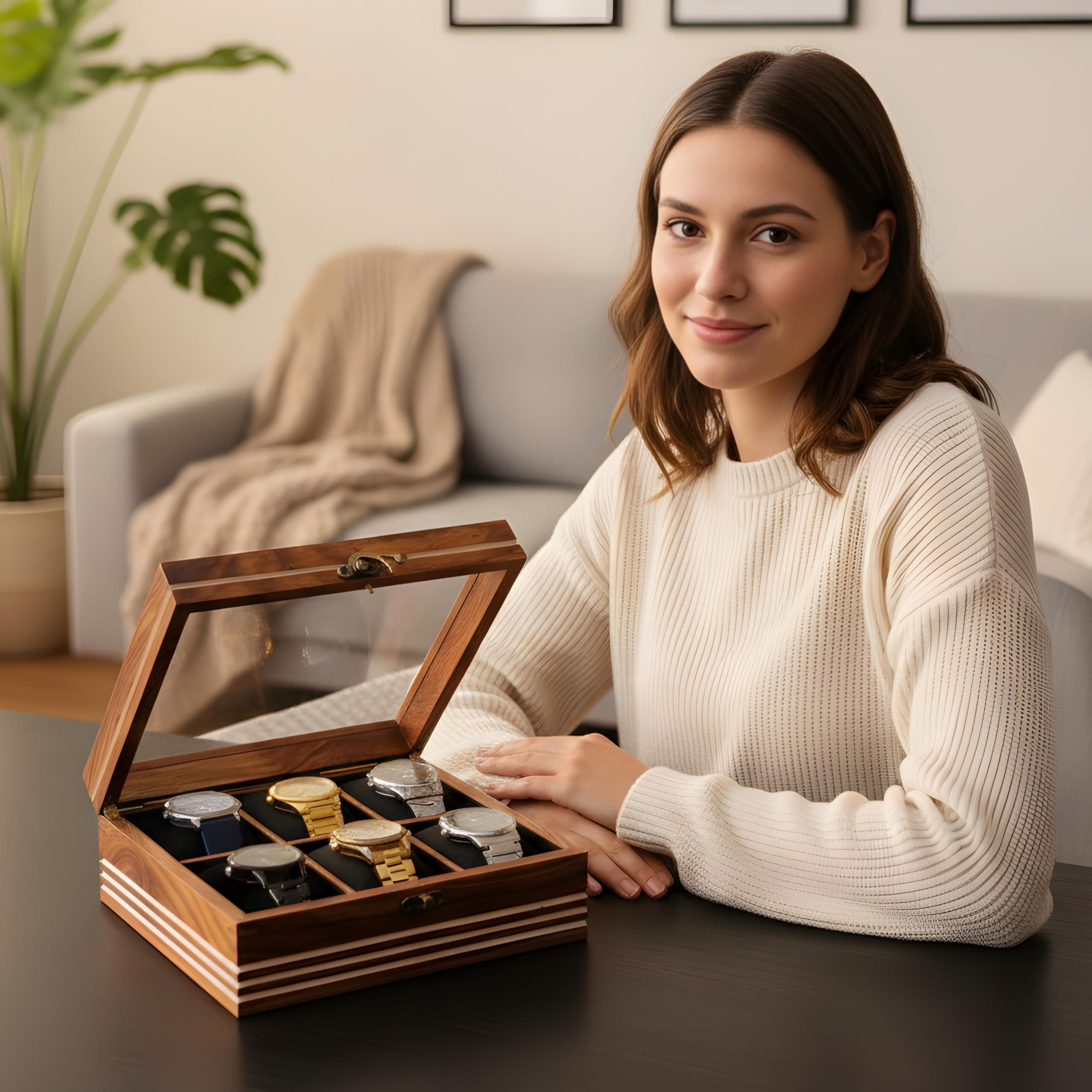 Wooden Watch Display Box, 6 Compartments, Rosewood Storage Case with Latch Vintage Jewellery Watch Display Case, 6 Slots, Velvet Interior, Glass Lid, Storage Box for Men and Women Handmade Cushions