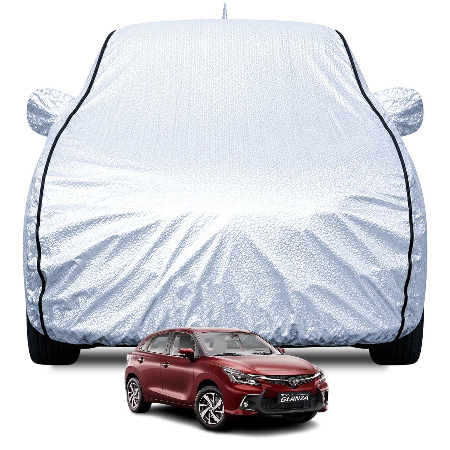 FABTEC Waterproof Car Body Cover for Toyota Glanza Old with Mirror and Antenna Pocket, Soft Cotton Lining, Triple Stitched (Heat Resistant Metallic Silver with Black Piping)