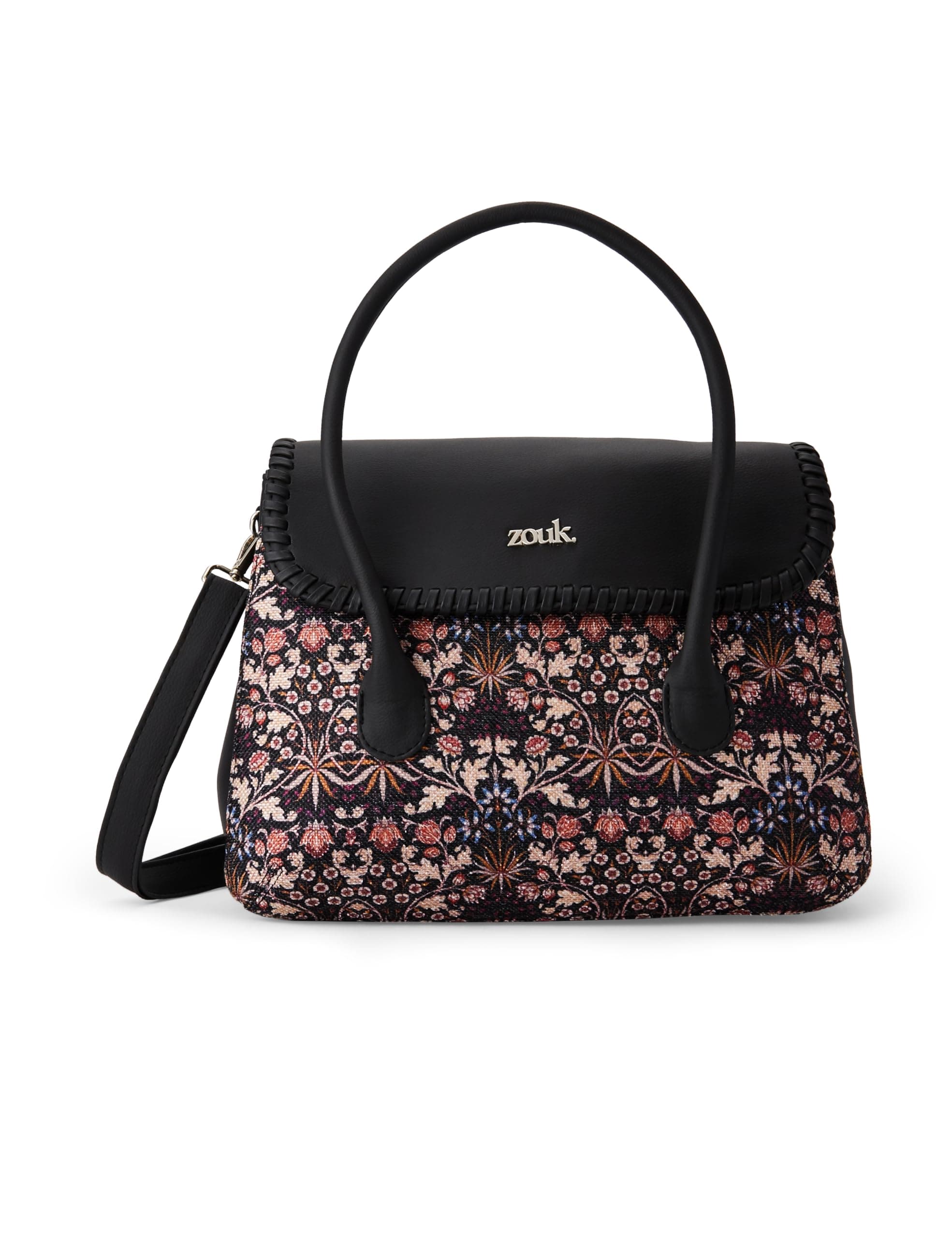 ZOUK Kashmir Blooms Floral Printed Jute Handcrafted Vegan Leather Multicolor Women's Satchel Bag | Ladies Purse Handbag | Double Handle Detachable Strap