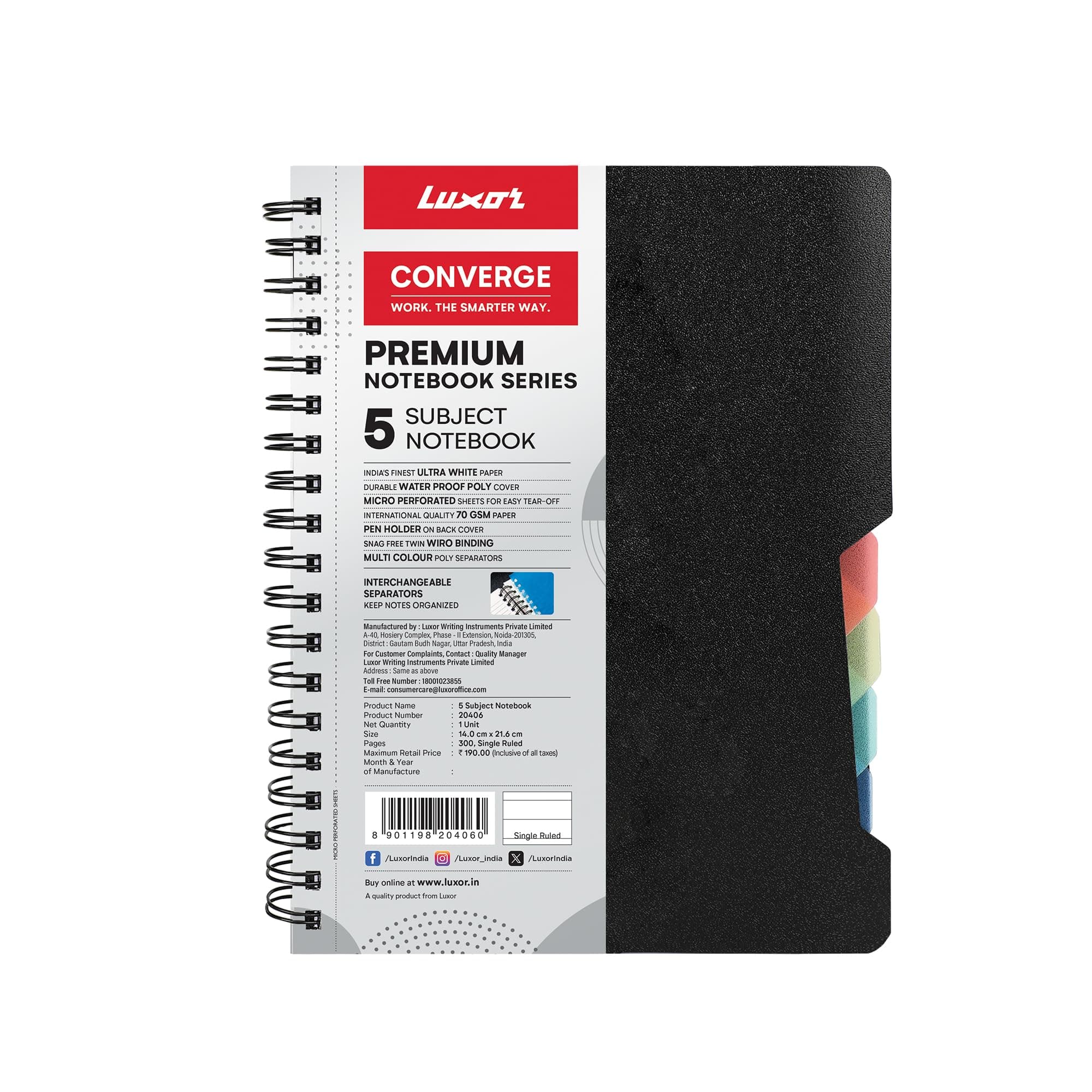 Luxor 5 Subject Single Ruled Notebook - A5 Size, 300 Pages, 70 GSM