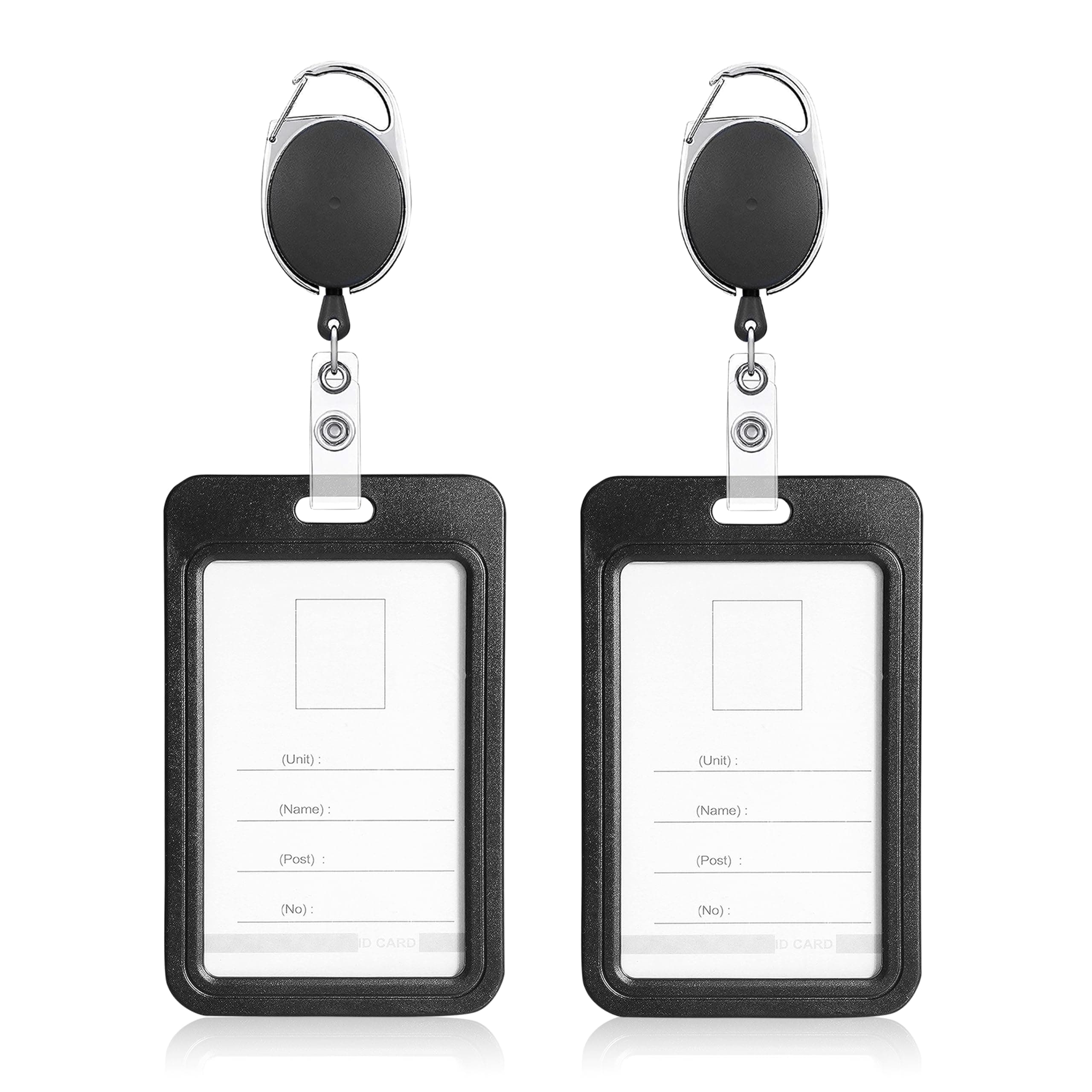 Pack of 2 Sliding Badge Holders, Hard Black Vertical Card Case with Retractable Reel & Carabiner for Office, School ID, Credit, Key Cards & Driver’s License