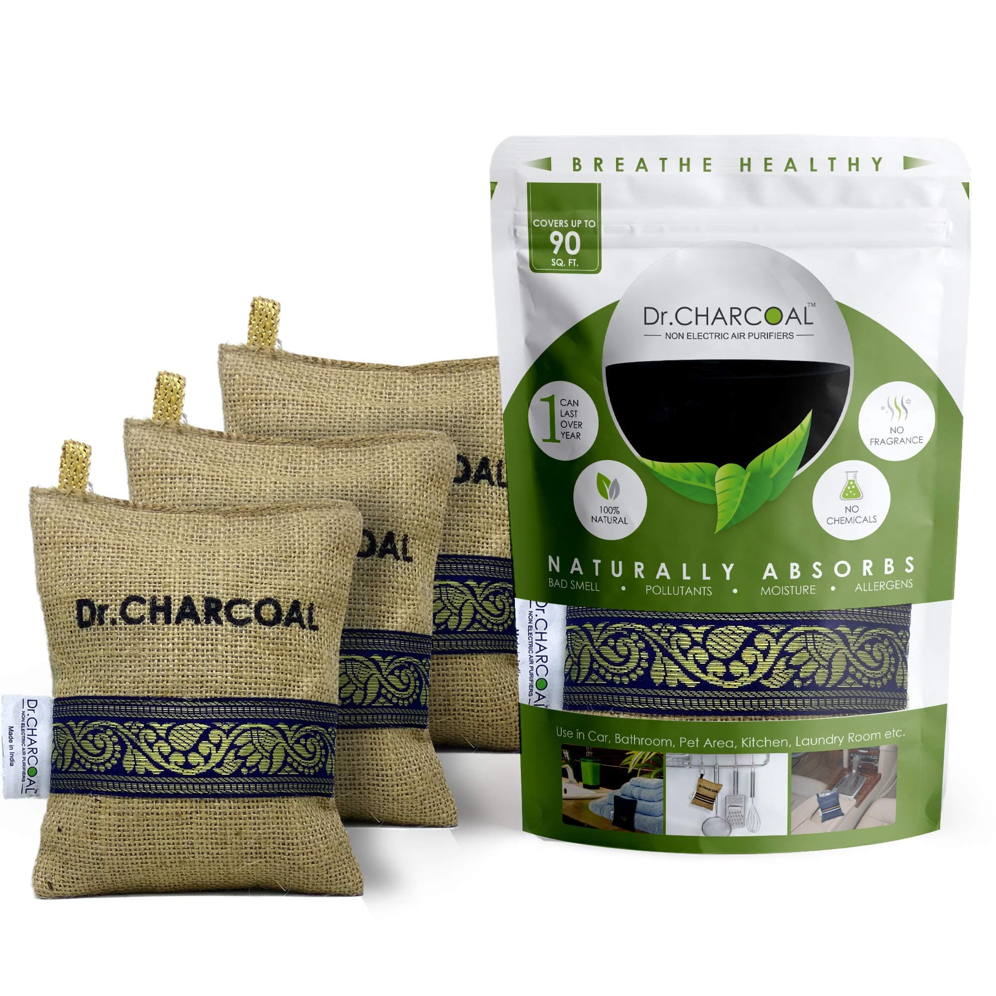 Dr. CHARCOAL Activated Carbon Air Purifier Bags To Deodorize And Dehumidify Car, Bathroom And Kitchen (200G, Pack Of 3, Classic Khaki), Powder