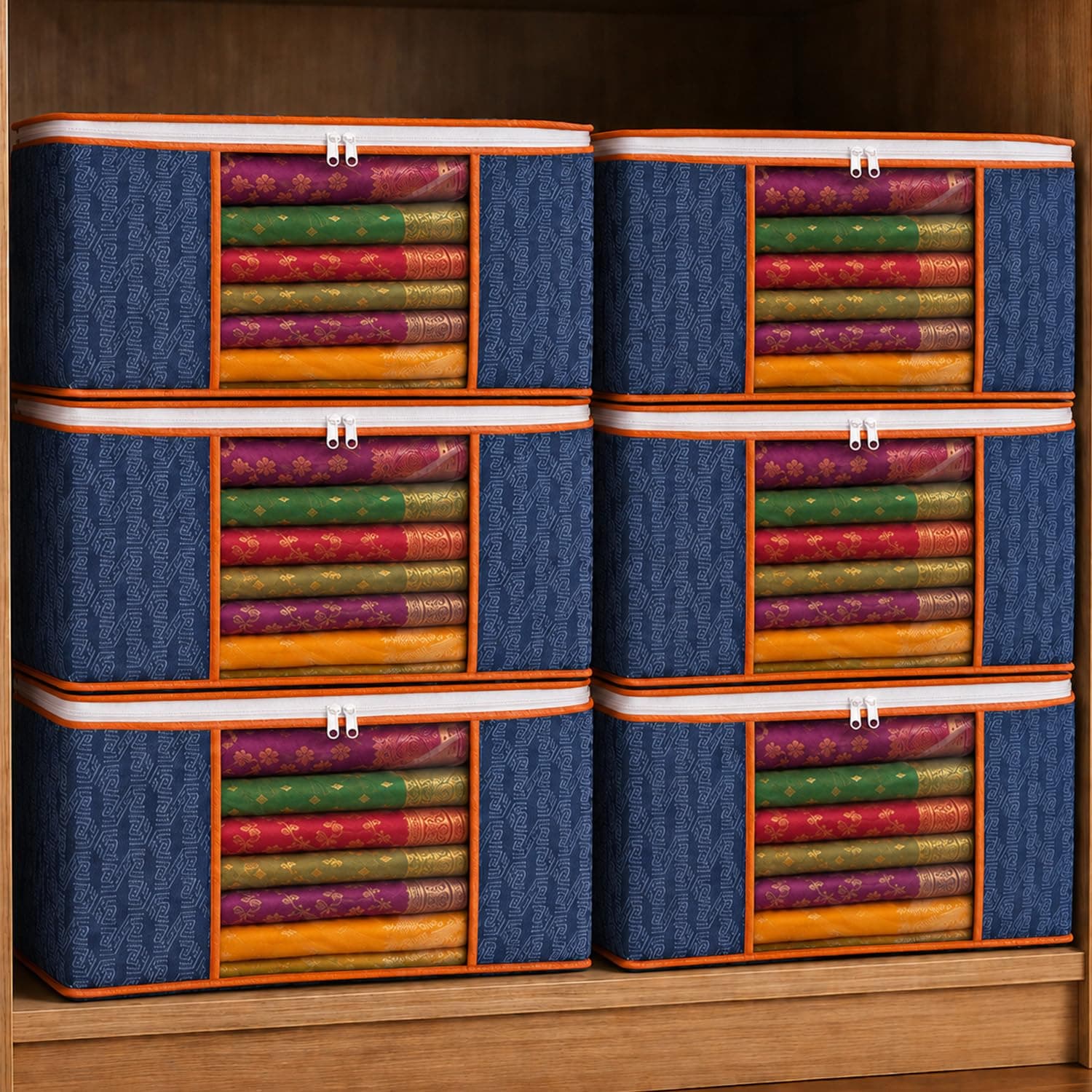 HomeStrap Set of 6 Non-Woven Printed Saree Cover/Cloth Storage/Organizer with Transparent Window (Navy Blue with orange border)(Featured on Shark Tank), 33.5x22 cm