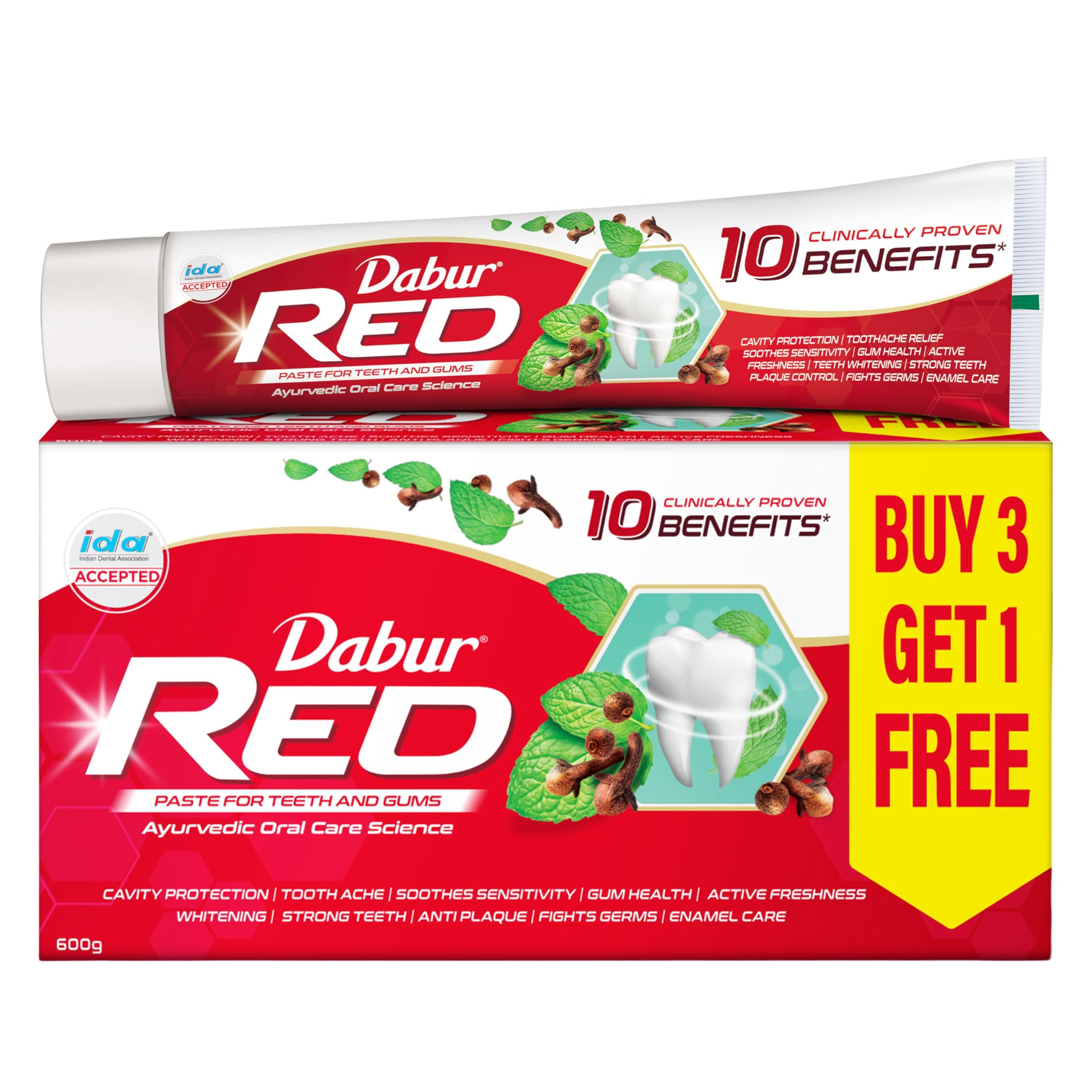 Dabur Red 600g (150g x 4, Pack of 4) Toothpaste - India's No.1 Ayurvedic Paste, Provides Protection Plaque Removal, Toothache, Yellow Teeth, Bad Breath-