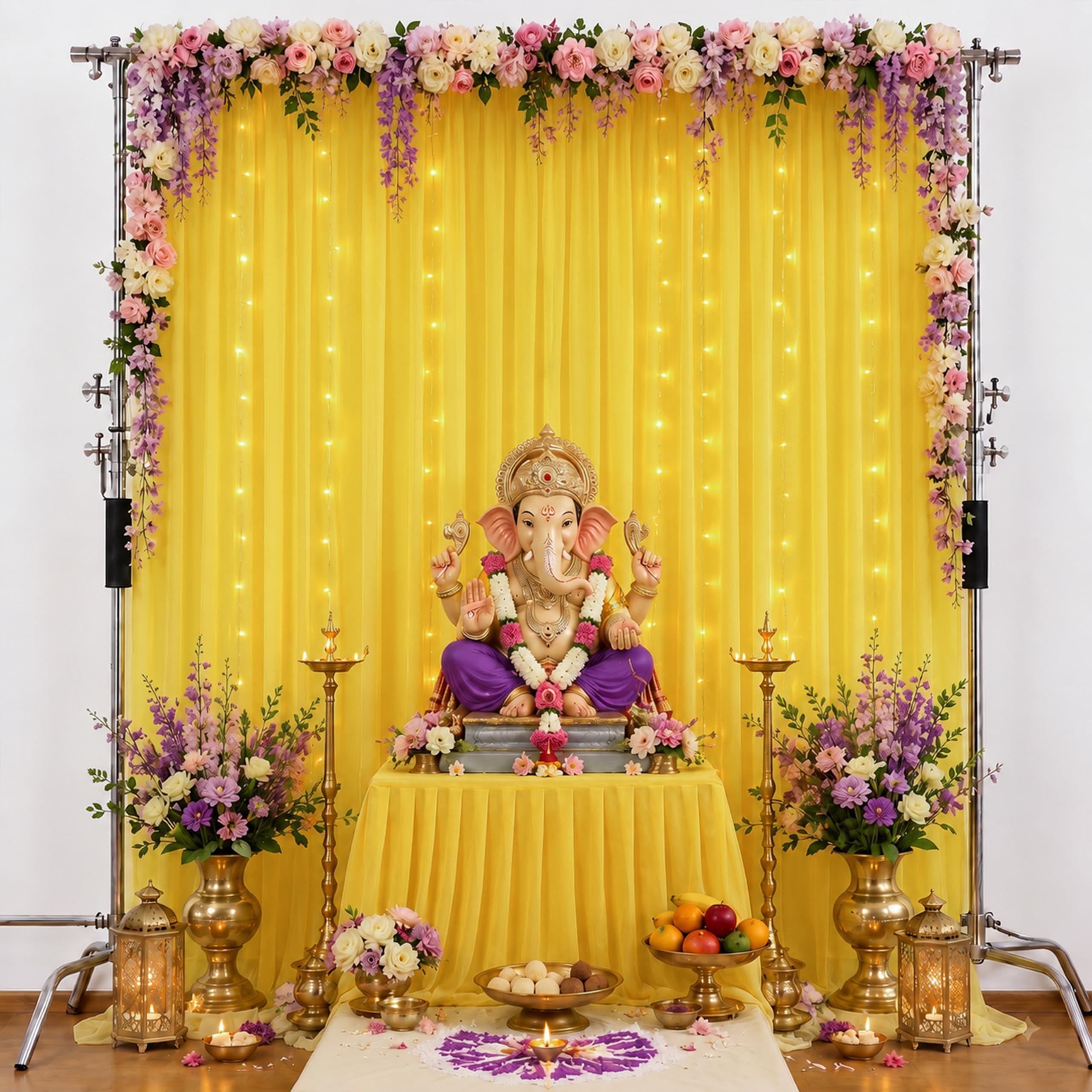 Filloxy White Net Backdrop Curtain Set for Decoration, 2 Pieces, 8 x 5 feet, for Wedding, Birthday, Anniversary, Engagement (Yellow)
