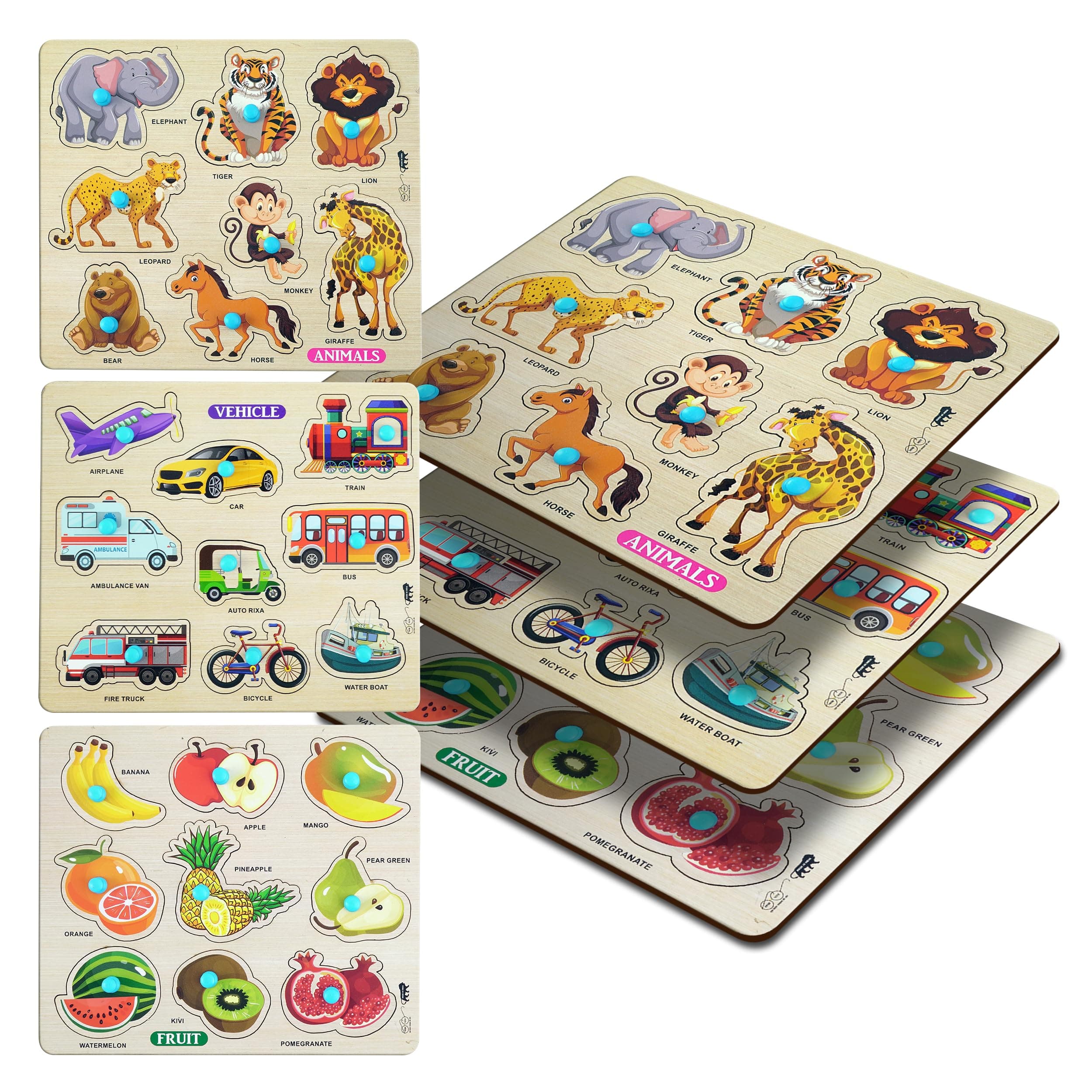 Lefan Wooden Puzzle Combo Set for Kids Vehicle, Fruit & Animal Knob Puzzles Montessori Educational Toy for Toddlers 2 Years+ Fine Motor Skill Learning Wooden Board Toy Gift
