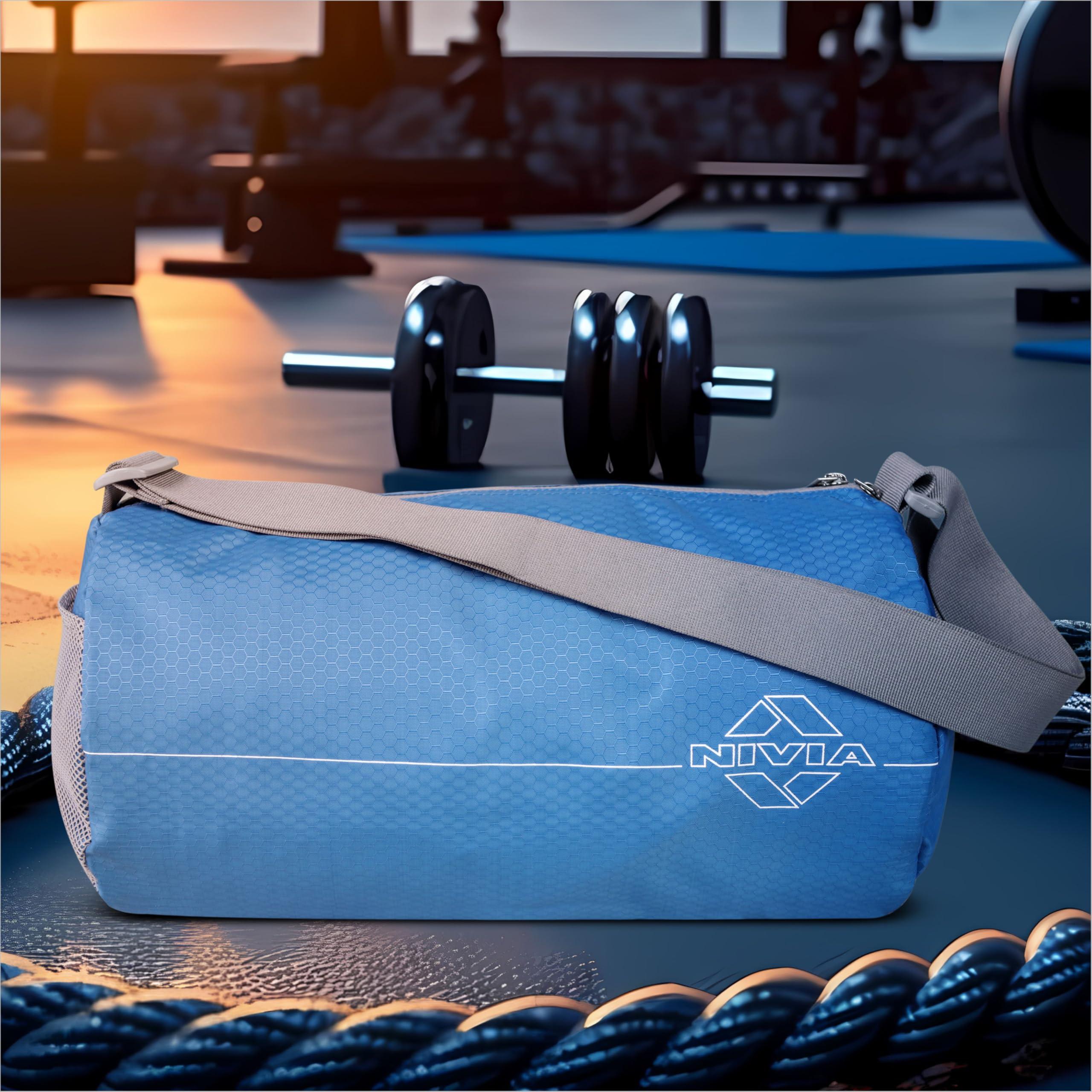 NIVIA Basic Polyester Duffle Bag for Men & Women, Side Mesh Pocket, Workout & Training Bag, Suitable for Gym, Fitness, Sports & Travel with Adjustable Shoulder Strap (Sky/Grey), Capacity-11L