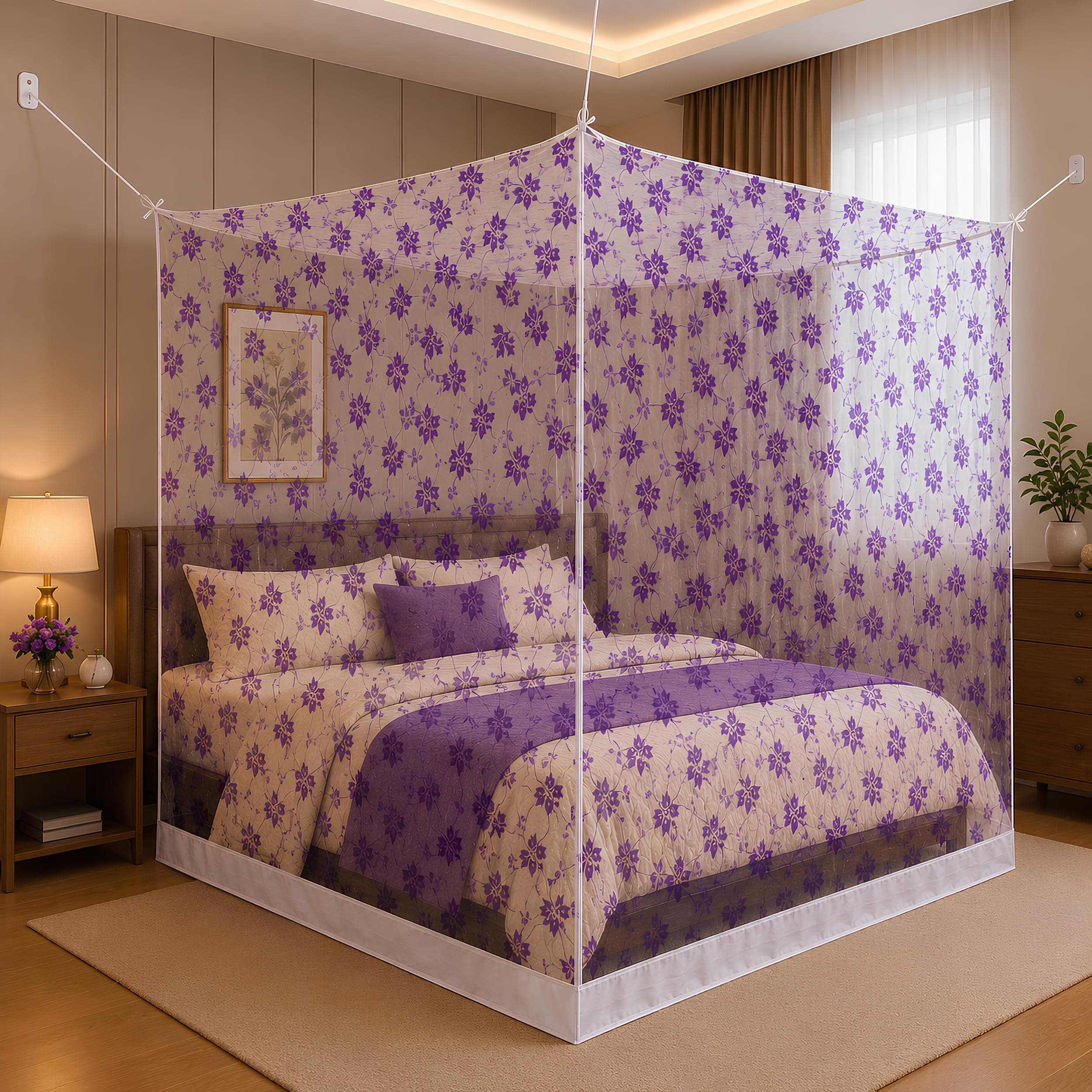Mosquito Net for King Size Bed & Double Bed, 6x7 Ft, Wall Hanging Machhardani, No Frame Required, Floral Vine Pattern, Premium Poly-Cotton Fabric, Soft Breathable Mesh for AC Rooms (Royal Purple Vine)