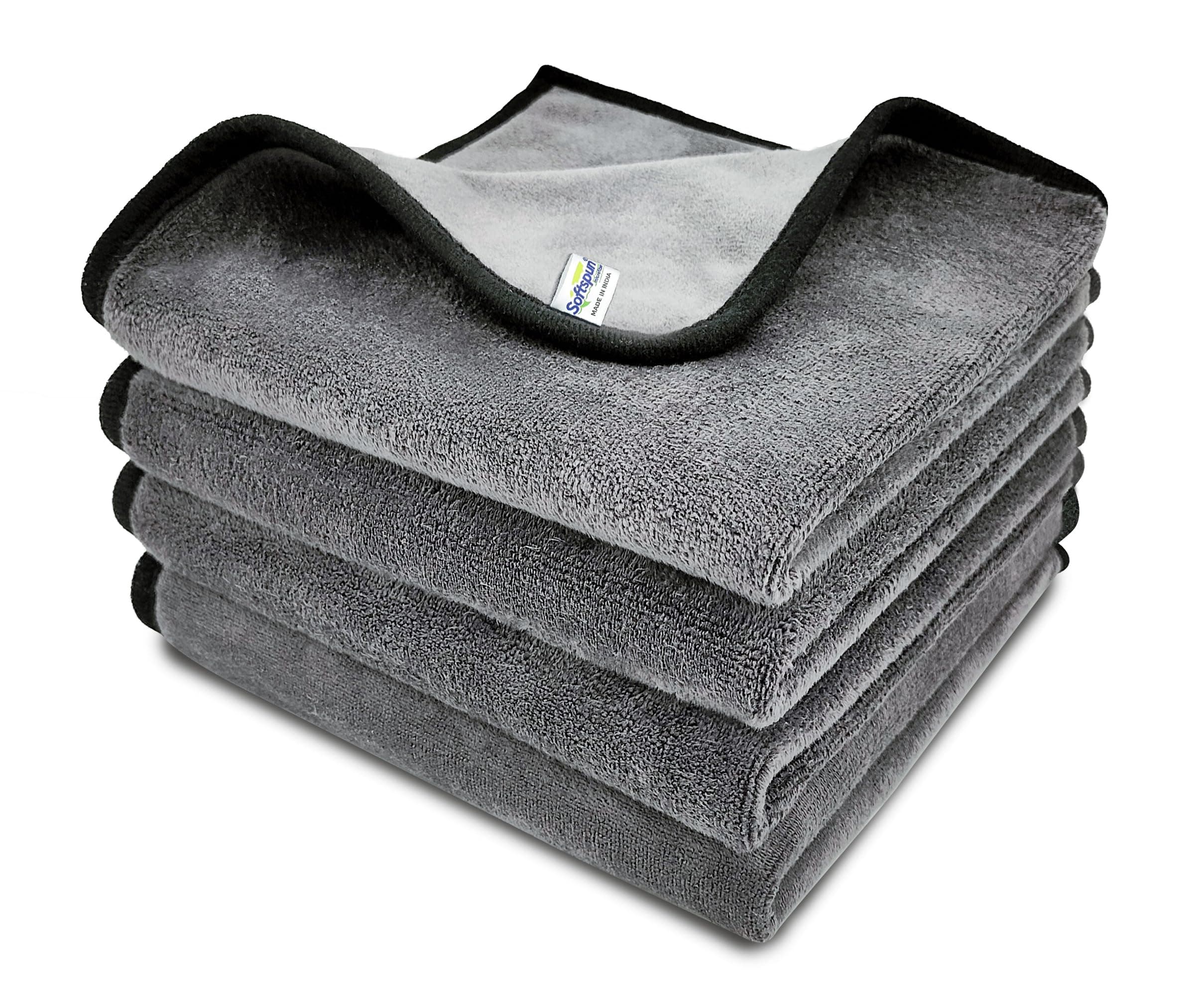 SOFTSPUN Microfiber Cloth Silk Banded Edges 500 GSM 40X40 cms Pack of 4 Grey! Silk Banded Edge Towel Set Extra Thick Microfiber Cleaning Cloths Perfect for Bike Auto Cars Both Interior and Exterior.