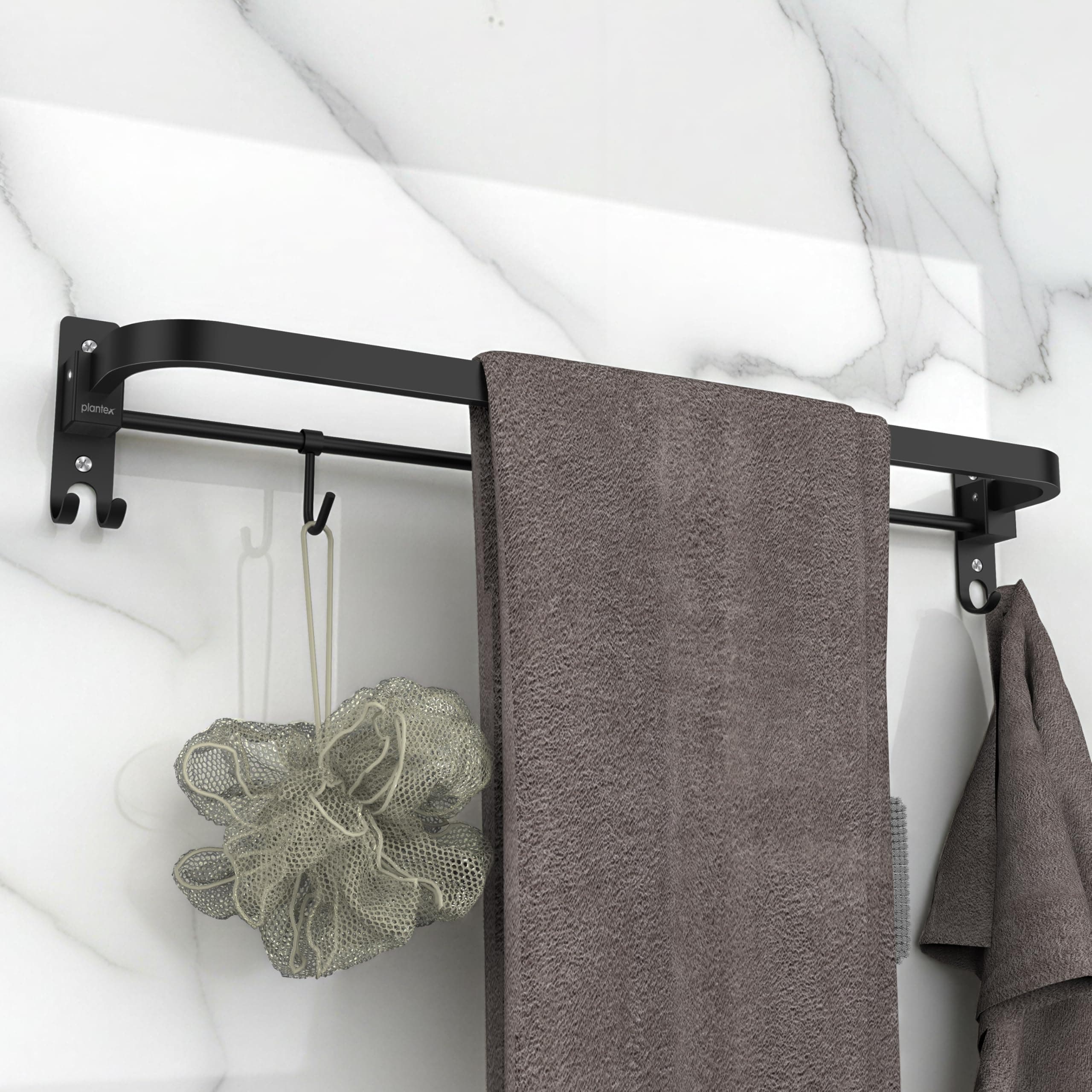 Plantex Stainless Steel Folding Single Towel Rod with Hooks/Towel Holder for Bathroom/Towel Hanger/Towel Stand/Bathroom Accessories - (24 Inch-Black)