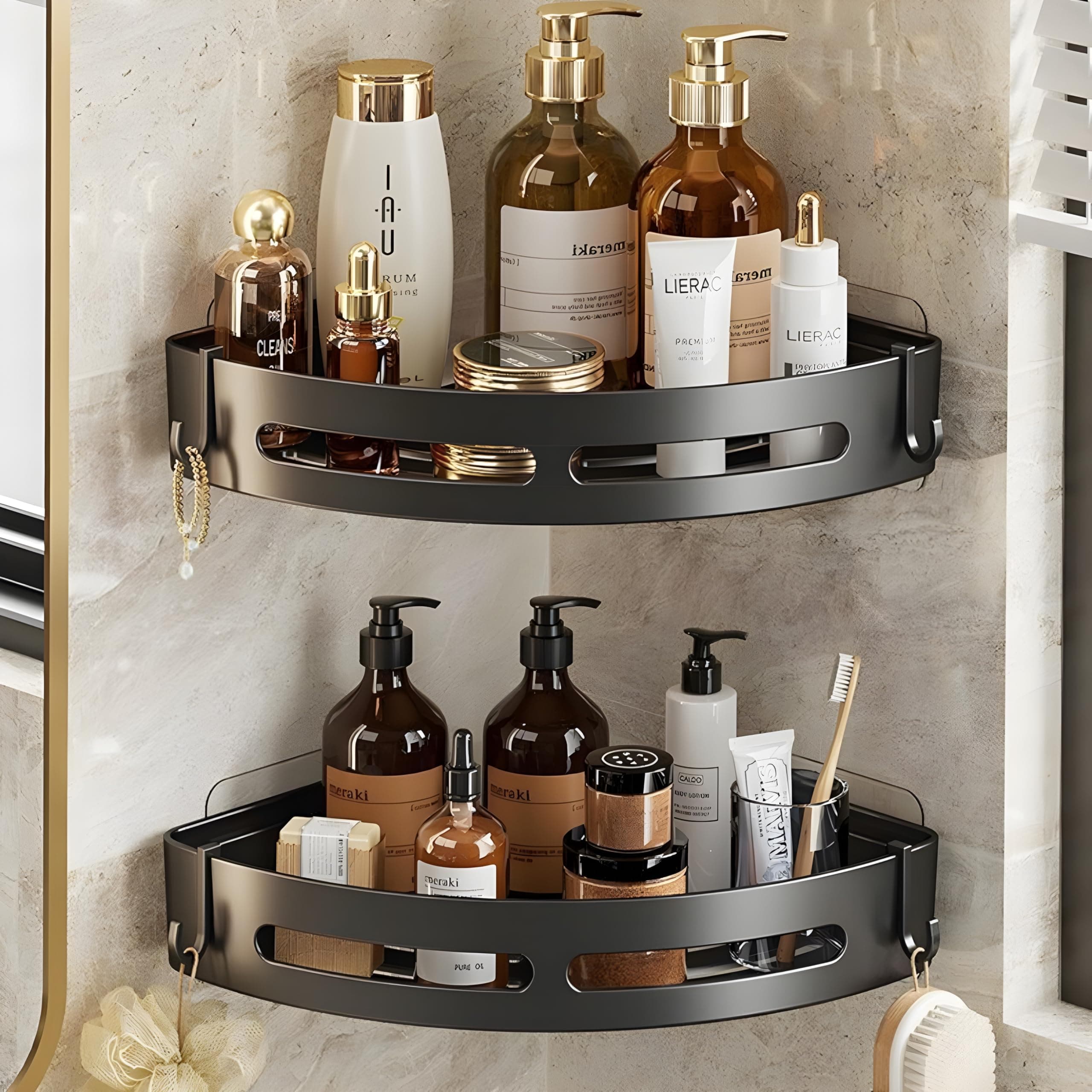 SquareUp Self-Adhesive Wall-Mount ABS Plastic Bathroom Corner Shelf Rack Organizer Without Drill Storage Shelves Holder/Accessories (Black, Pack of 2)