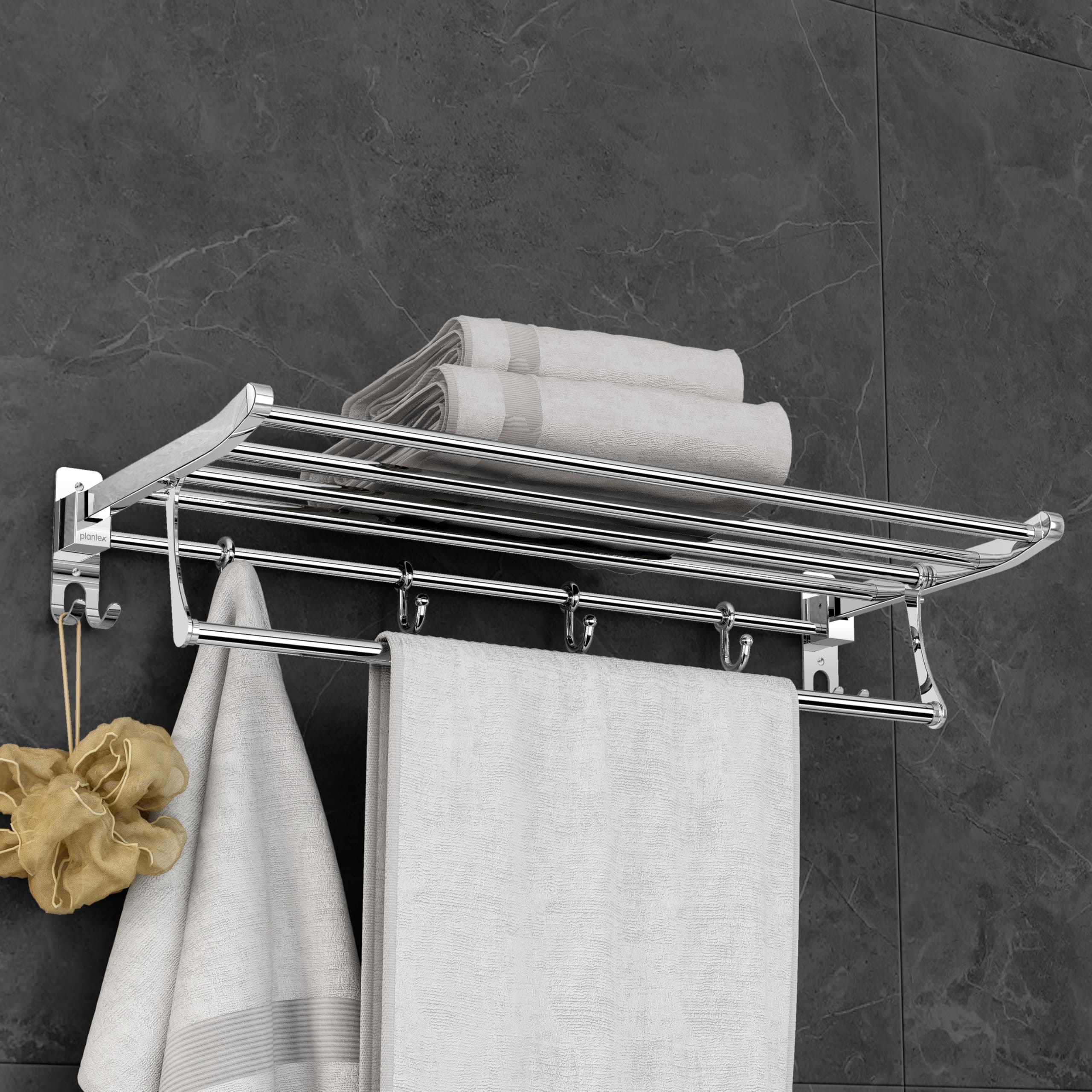Plantex Eco Stainless Steel Folding Towel Rack/Towel Hanger for Bathroom/Wall Mounted Towel Rack/Bathroom Accessories Set(24-inch) Chrome