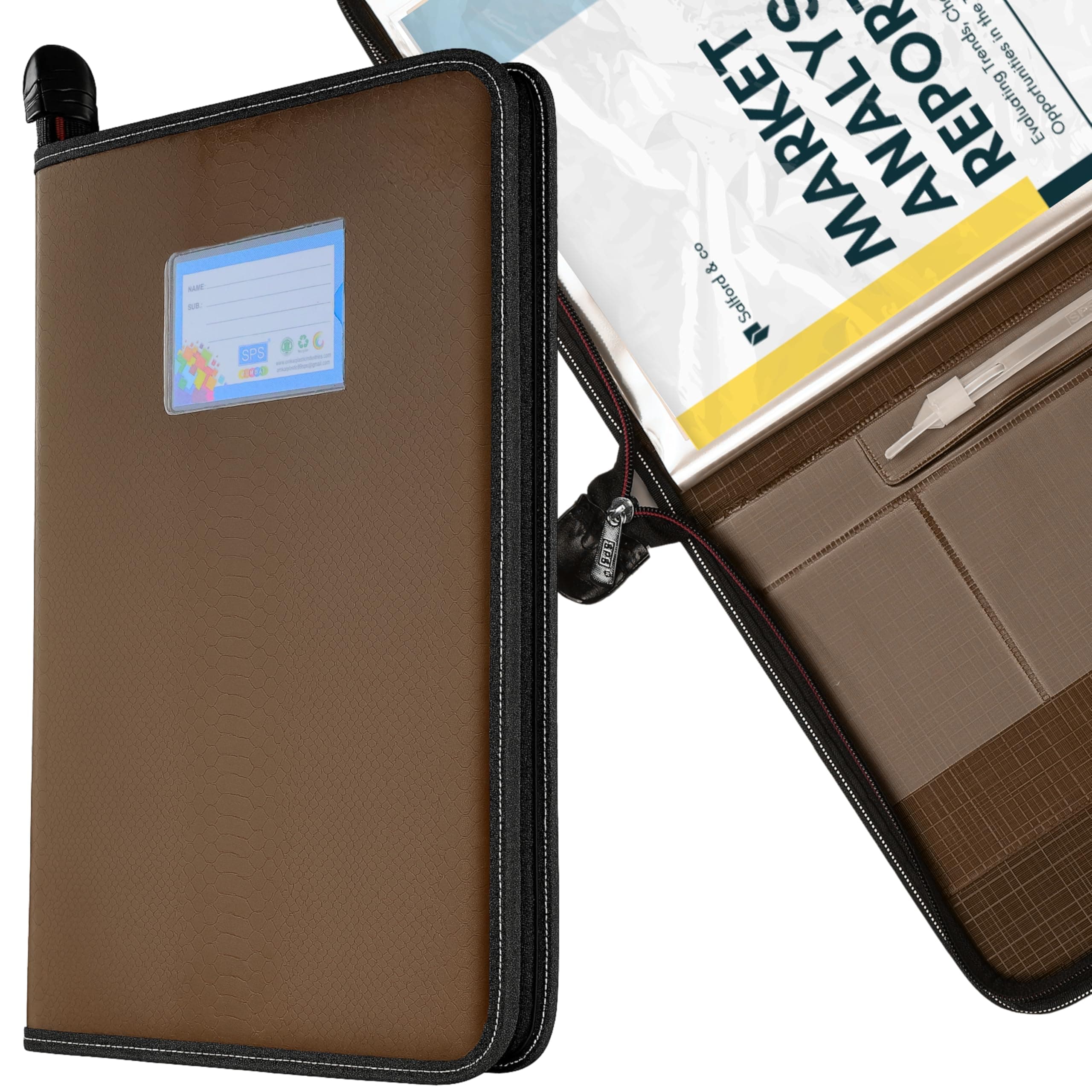 SPS Premium PU Leather File Folder | 20 Sleeves for A4 & FC Size Documents | Brown