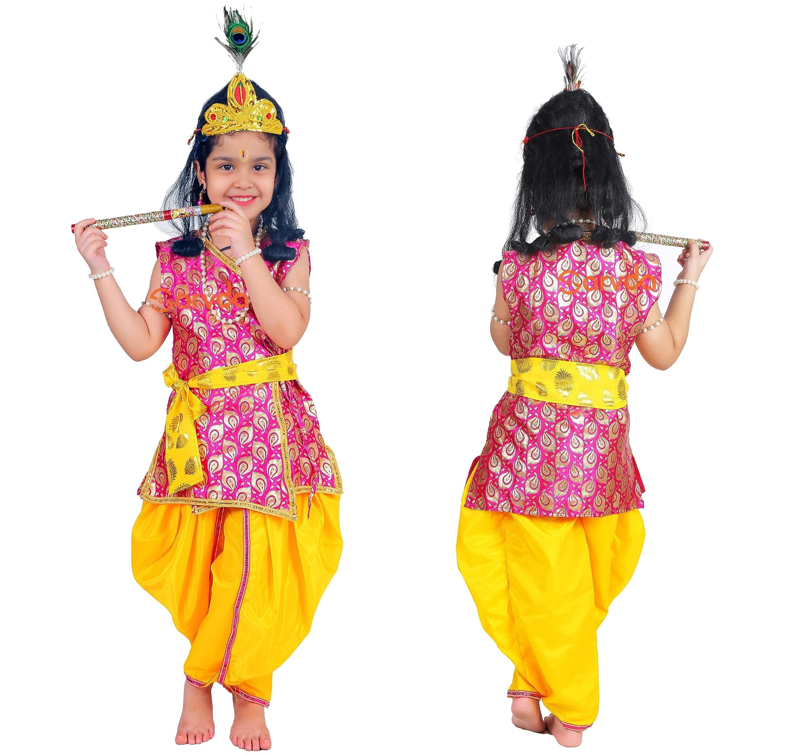 Sarvda Brocade Shree Krishna Dress For Baby Boy & Radha Dress For Girls | Janamashtami Dress | Fancy Dress Costume With Accessories Dhoti, Dupatta, Mukut Flute Complete Set, Ethnic Wear