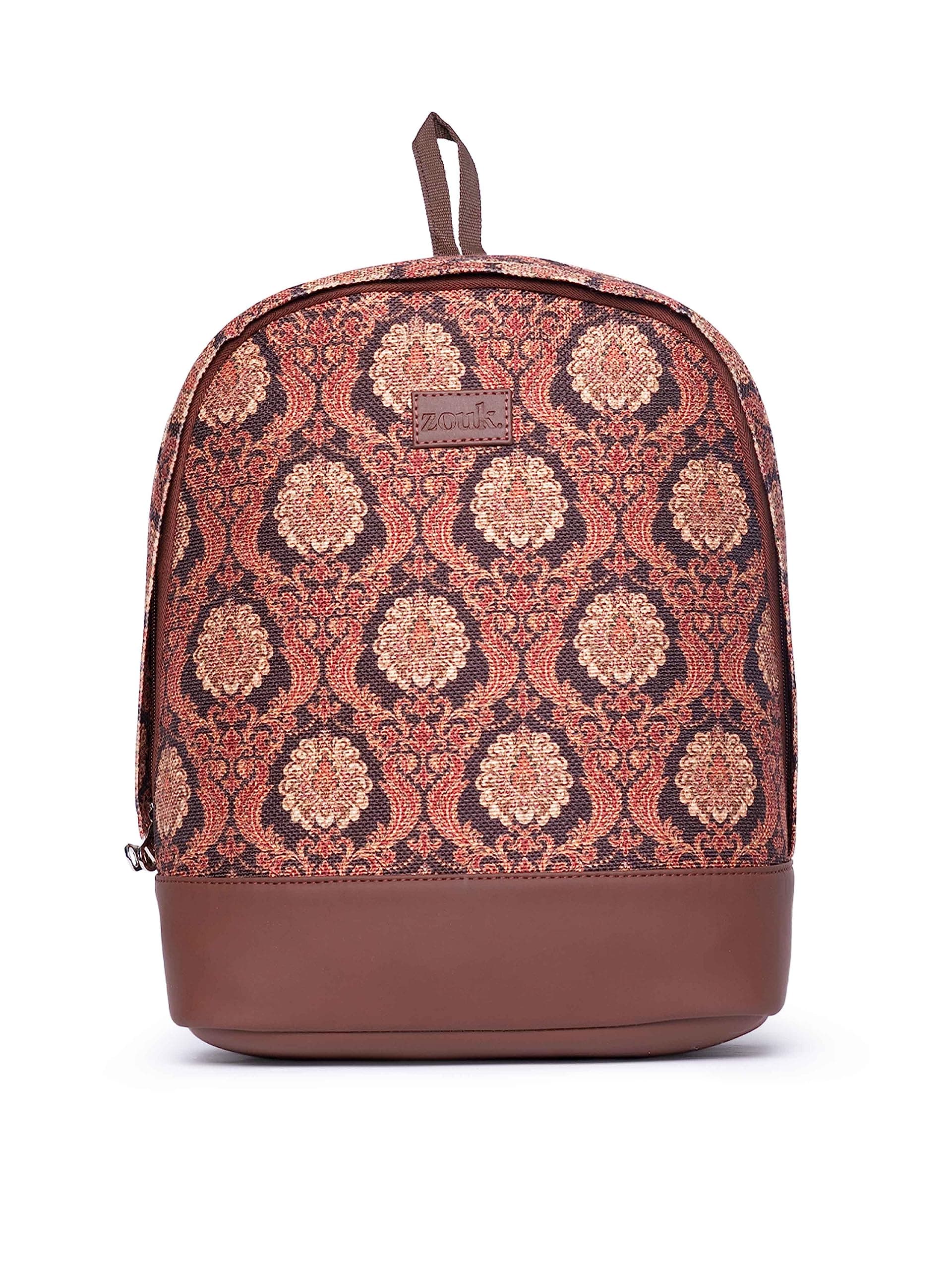 ZOUK Jodhpur Damask Motif Printed Women's Jute Handcrafted Vegan Leather Brown Daypack/BackpackFor Travel, college, daily use, for girls women