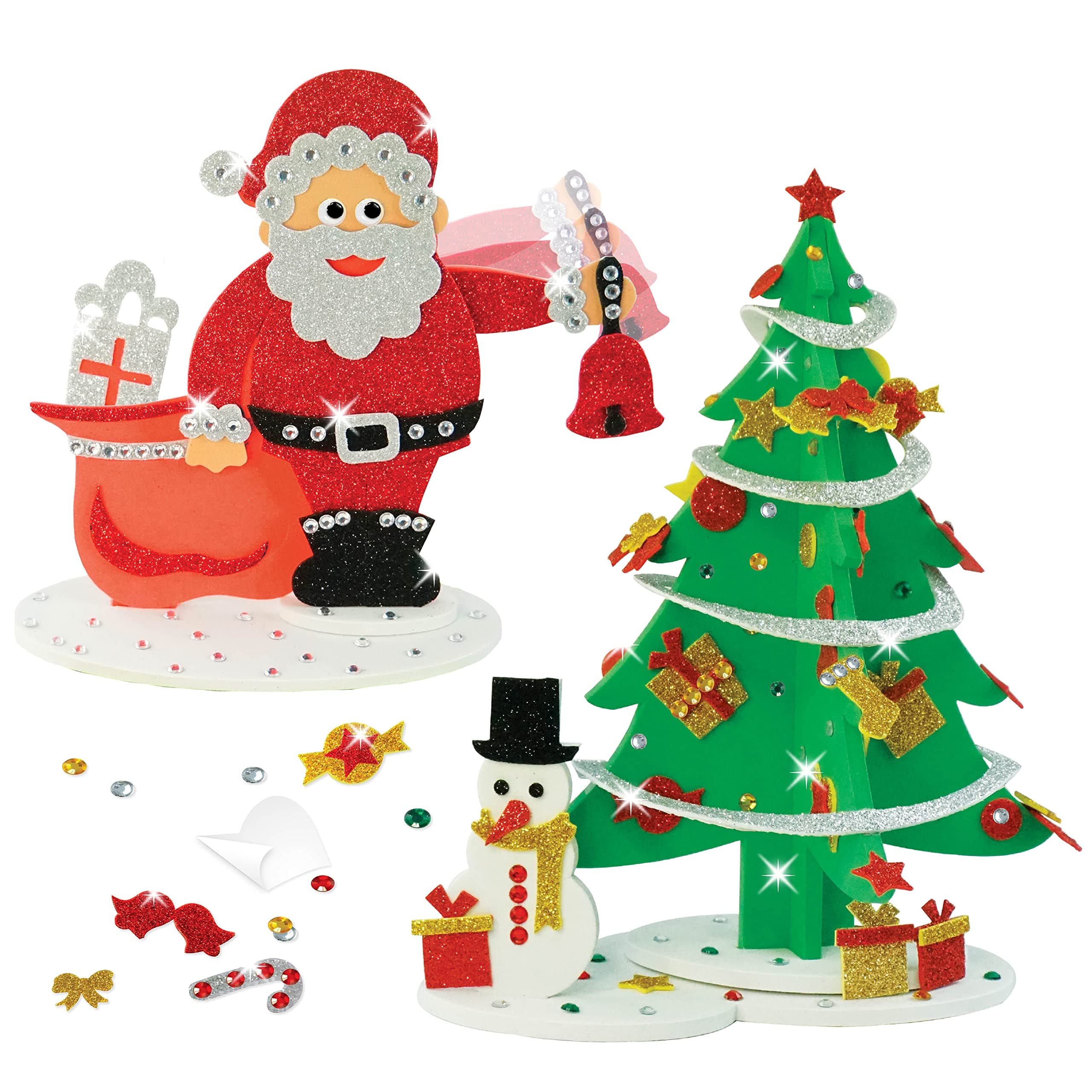 Imagimake Christmas Craft Kit - 3D Santaclaus, Sparkling Christmas Tree, Snowman | Peel & Stick, Glittery Fun | Toys for Kids | Mess-Free, Creative DIY | Christmas Gifts for Kids, Multicolor